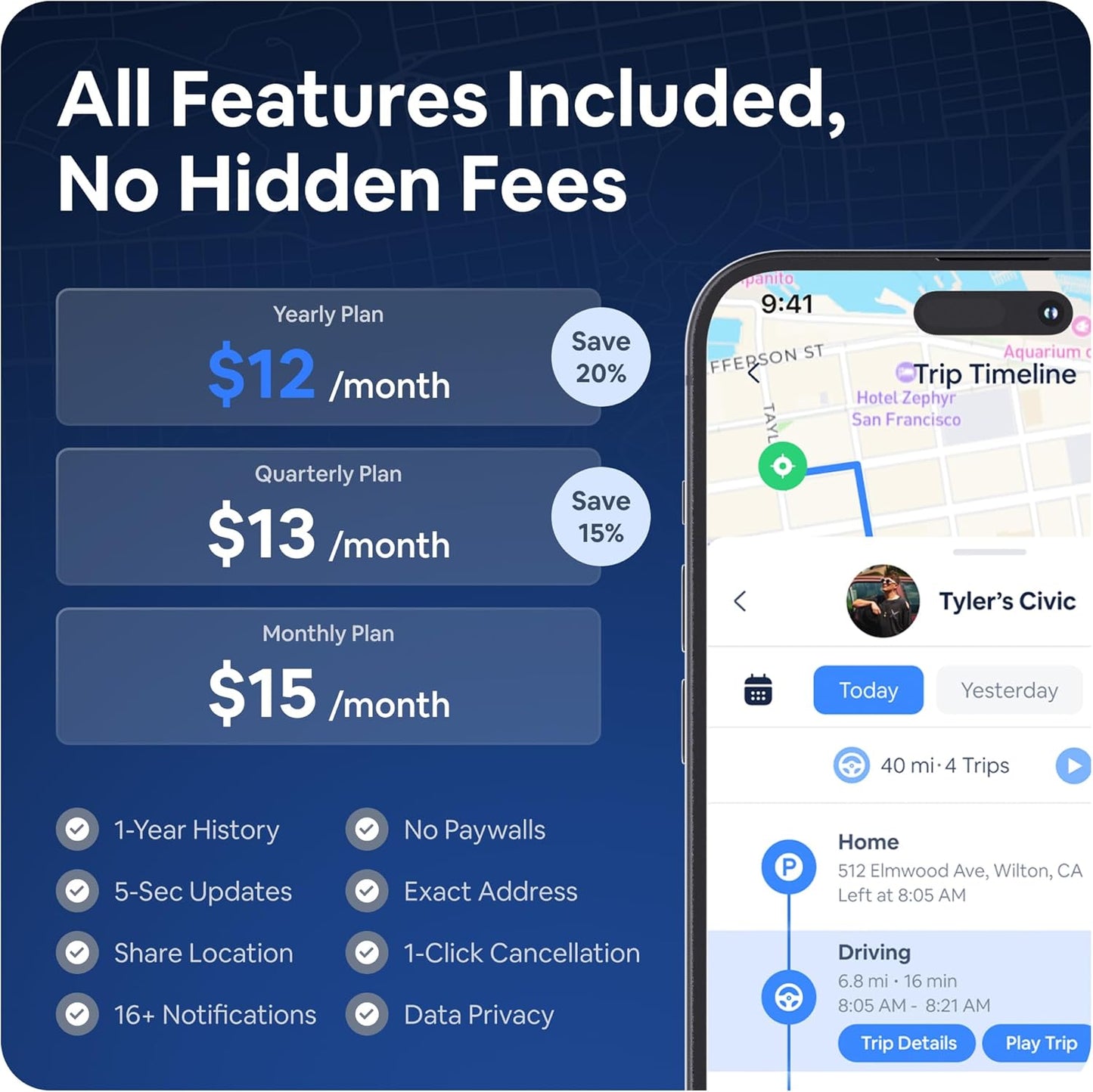 Real-Time OBD2 GPS Car Tracker – $12/Month with 14 Day Free Trial – Plug & Play Device for Families, Teens & Businesses with Trip History, Driving Alerts & GeoFence – Accurate, Easy Setup
