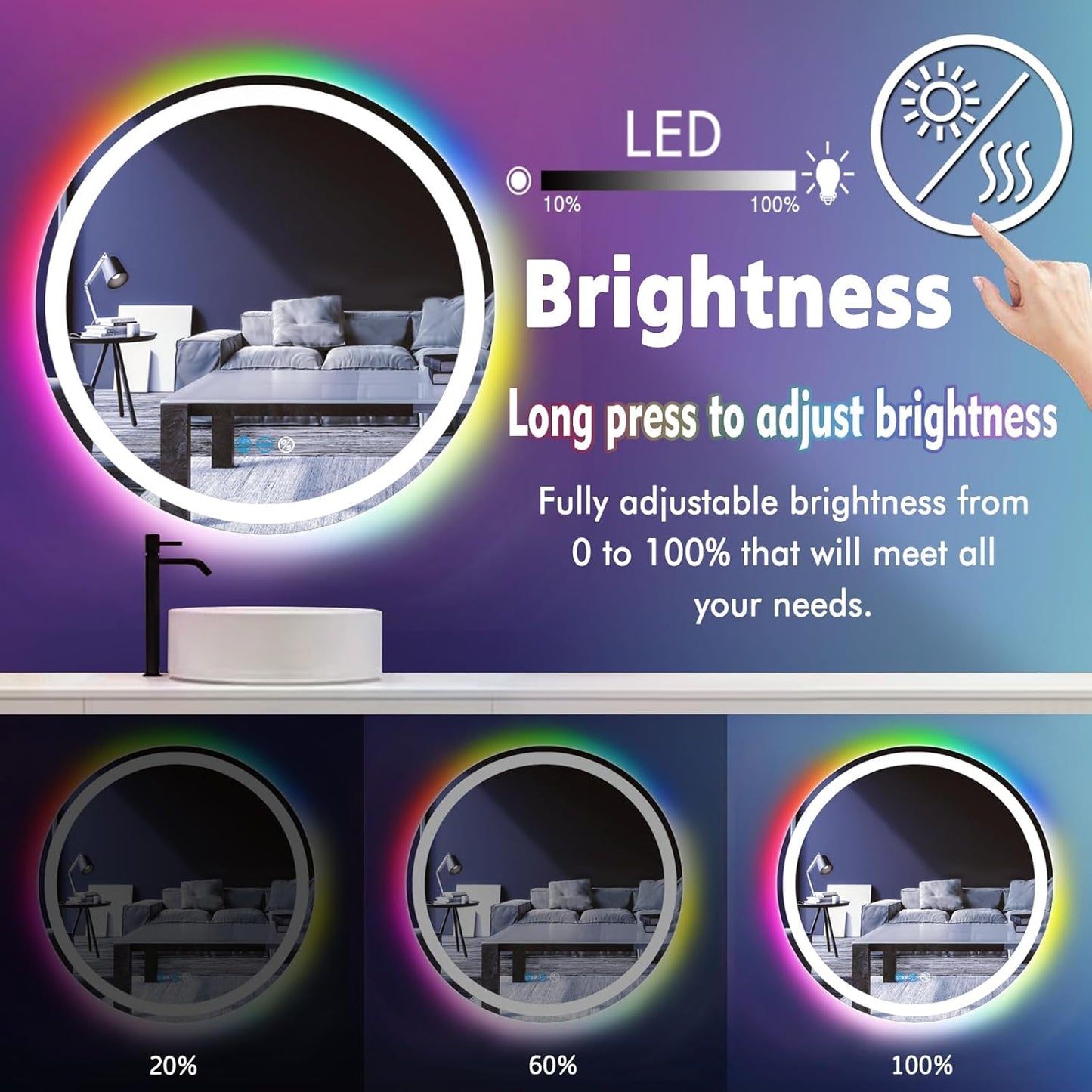 30 Inch LED Bathroom Mirror With Front Light 3 Colors + Rainbow RGB Color Changing Backlit Round Lighted Mirror for Wall Anti Fog 30" Smart Circle Mood Light up Mirror
