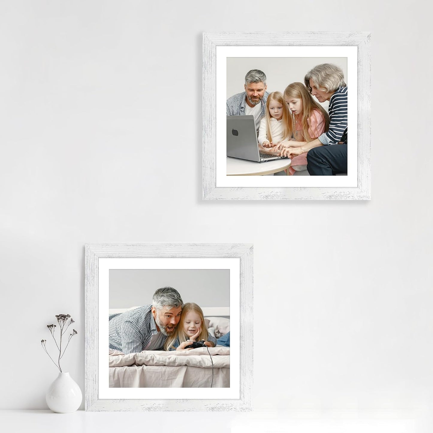 iRahmen 12x12 Picture Frame Set of 4 with Tempered Glass, Display 10x10 Picture with Mat or 12 x 12 Without Mat, Mixed Color Wood Photo Frames for Tabletop Display and Wall Mounting