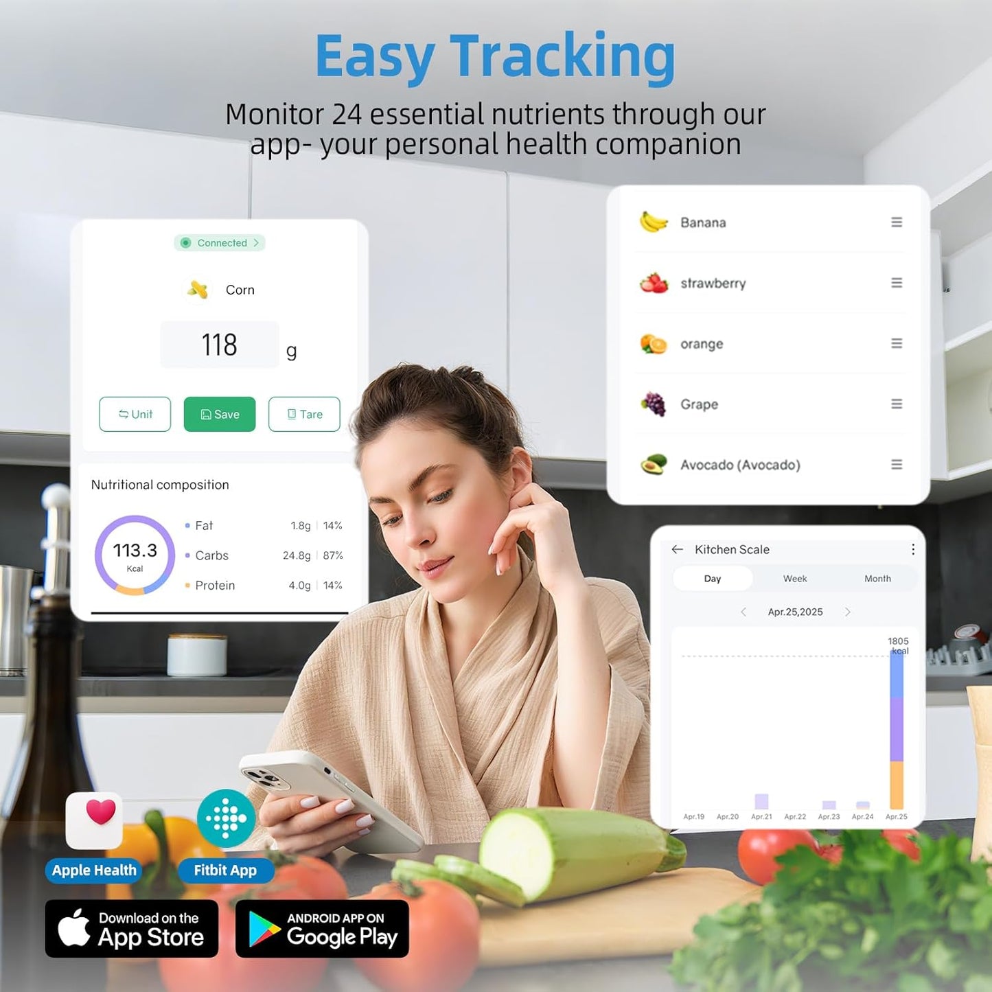 Food Scale with Nutritional Calculator, Smart Digital Kitchen Scale for Weight Loss, App with 23 Nutrients Tracking, Calorie, Fat, Carbs, Premium Stainless Steel, 11lb