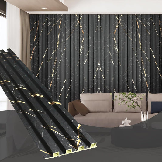 OUZUGIE WPC Acoustic Slat Wall Paneling, 8-Pack 96 x 6 Inches 3D Wall Panels for Interior Wall Decor,Living Room,TV Background,Study Room,Office Spaces,Bedroom,High Grille (Black Marble)