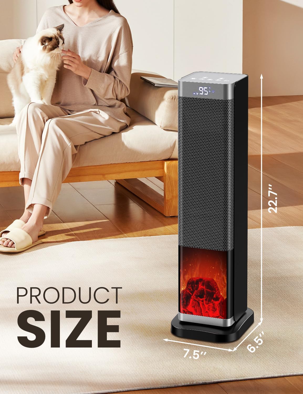 Space Heaters for Indoor Use, 1500W PTC Ceramic Electric Heater with Thermostat, Room Temperature Display, 70° Oscillation, Remote Control, 12H Timer, Quiet Portable Heater for Office Bedroom
