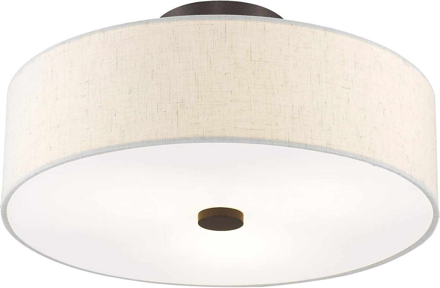 Livex Lighting 52135-92 Meridian Collection 3-Light Semi Flush Mount Ceiling Fixture with Oatmeal Color Fabric Hardback Drum Shade and Satin White Diffuser, English Bronze