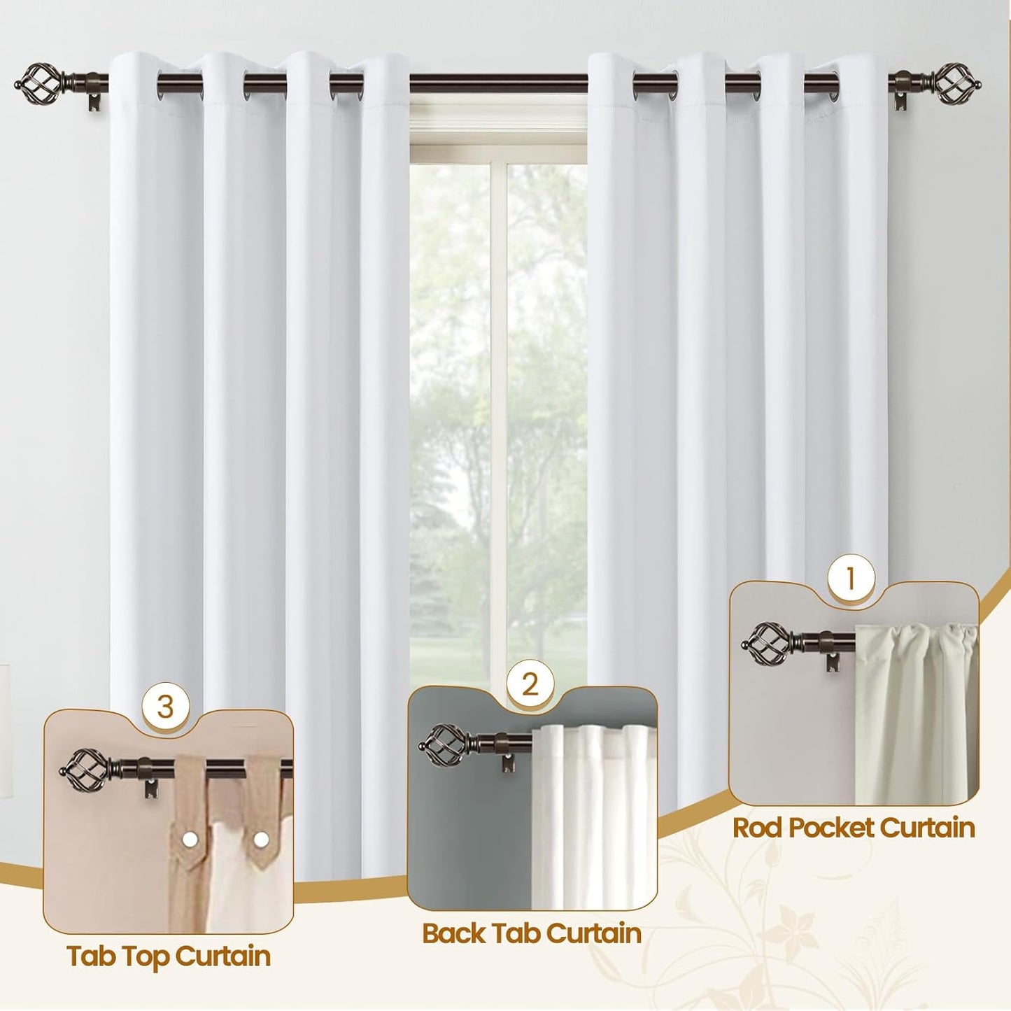 KAMANINA 2 Pack Curtain Rods 32 to 58 Inches (2.6-4.8ft), 3/4 Inch Curtain Rods for Windows Splicing Adjustable Single Drapery Rod with Twisted Cage Finial, for Indoor and Outdoor, Bronze
