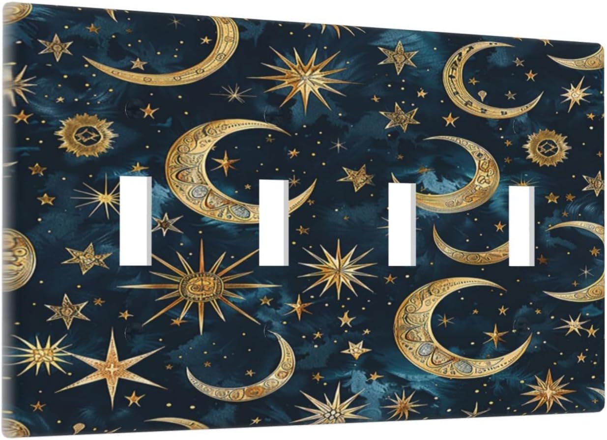 Light Switch Covers Modern Abstract Sky Blue Gold Moon Sun Star Quad Toggle Electrical Faceplate 4 Gang Wall Plate Decorative Switch Plates for Bedroom Kids room Decor