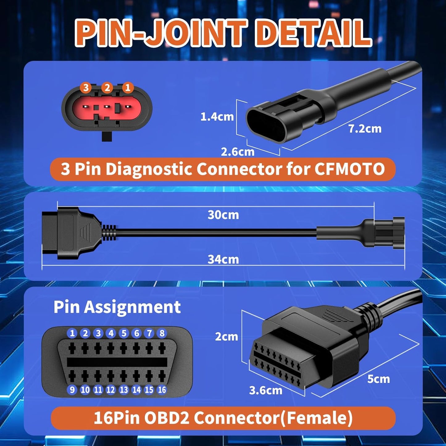 OBD2 Adapter Cable Fits for CFMOTO Ducati and More Motorcycles, 3Pin to 16Pin OBD2 Diagnostic Adapter Cable Works with All OBDII Scanner