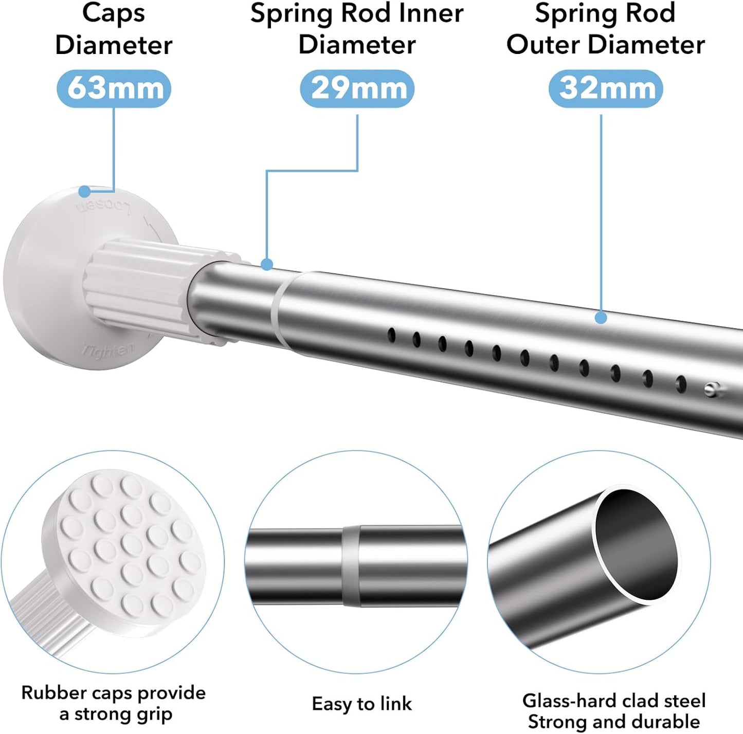Tension Curtain Rod 51–148 In (4.25–12.33 ft),Extra Long Outdoor Curtain Rod for Window or Bathroom Patio,Easy to Install No Drilling Never Rust,Heavy Duty Adjustable Spring Shower Rod
