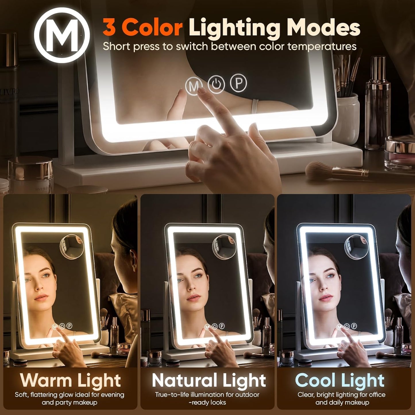 Antok Vanity Mirror with Lights, 32"X22" Lighted Makeup Mirror, Smart Touch, 3 Color Modes and Brightness Adjustable, LED Vanity Mirror with Detachable 10X Magnification, 360° Rotation for Makeup Desk