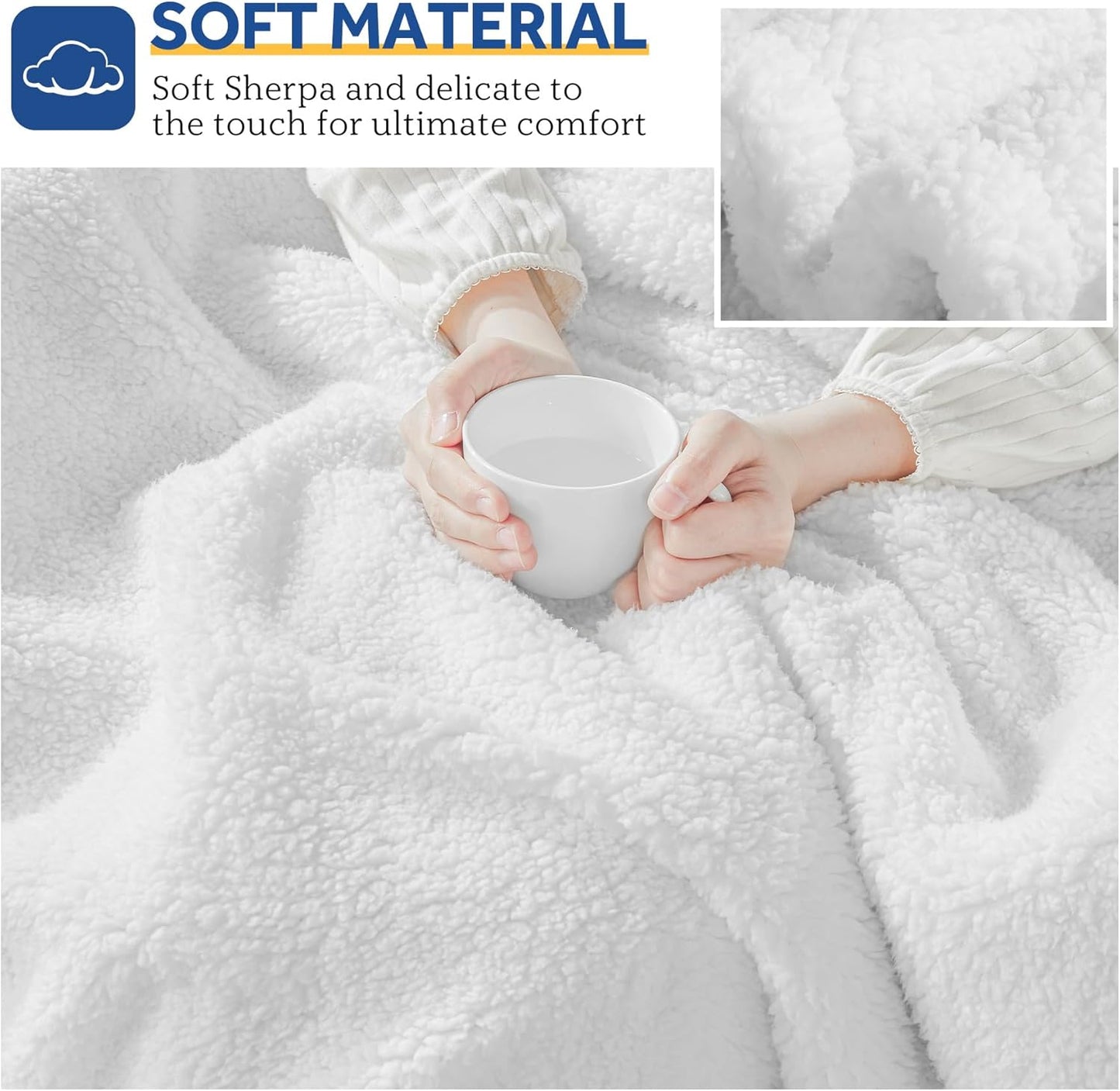 Sealy Electric Blanket Heated Throw 50"x60" Soft Double Sherpa Super Cozy with 6 Fast Heating Levels & 2-10 Hours Auto-Off, Over-Heat Protection, Machine Washable, Ivory