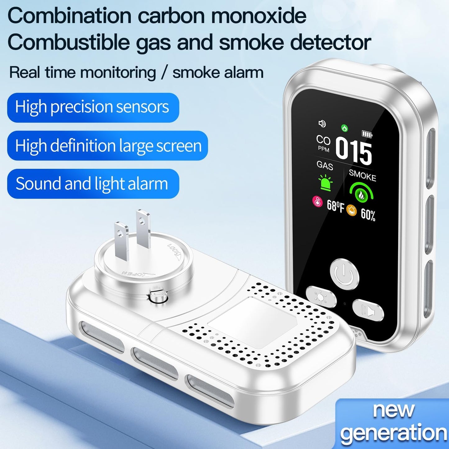 5in1 Plug in Smoke & Carbon Monoxide Detector & Combustible Natural Gas Combination Builti-in Battery HD Screen [Smoke Gas CO Temp Humidity Sensor] for Home Hotel Travel (1 Pack, White)