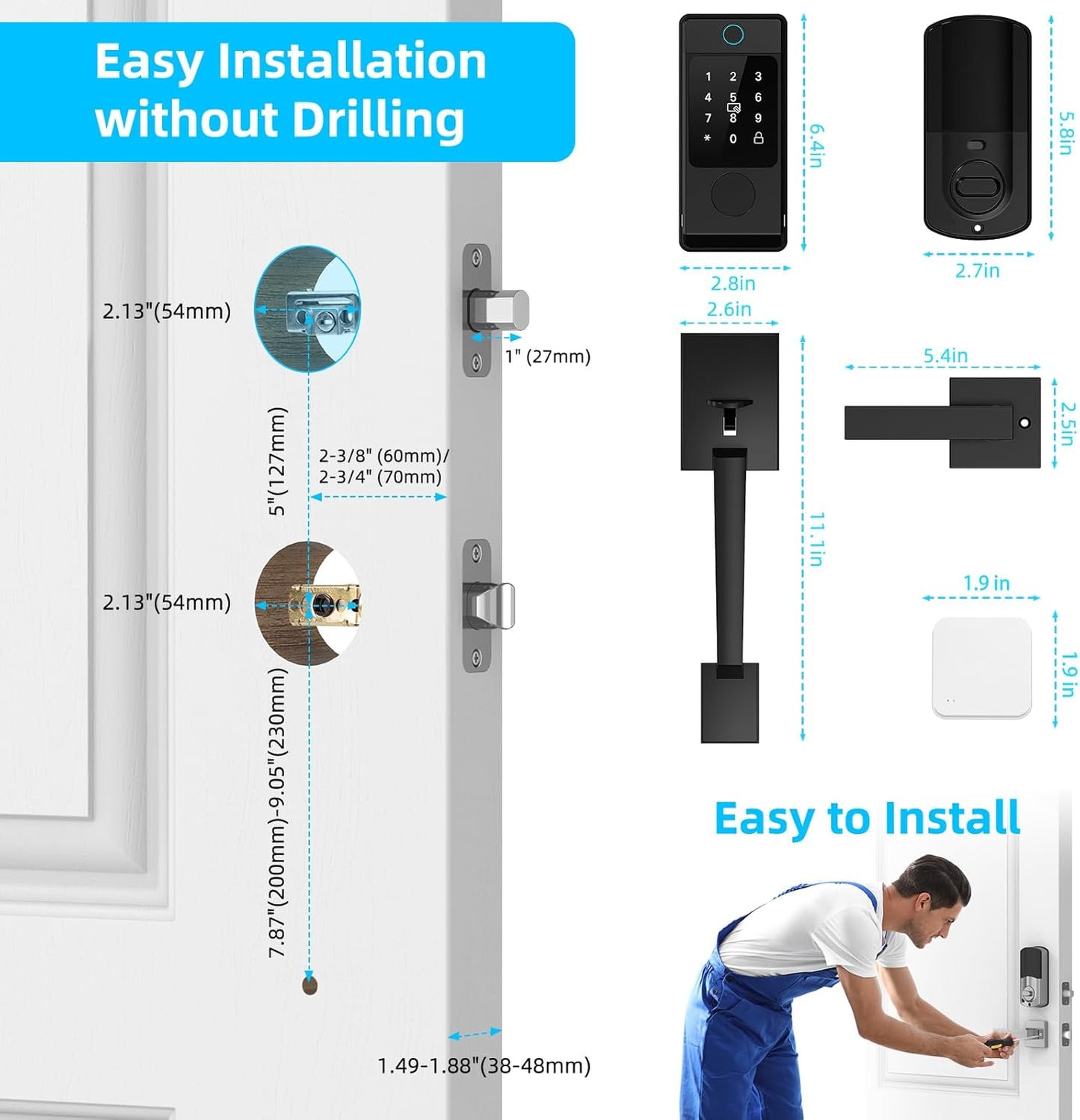 WiFi Front Door Lock Sets with Handle, Fingerprint Keyless Entry and Smart Keypad with Lever Handles, Electronic Screen+WiFi Gateway, APP Control, Auto-Lock, Voice Control