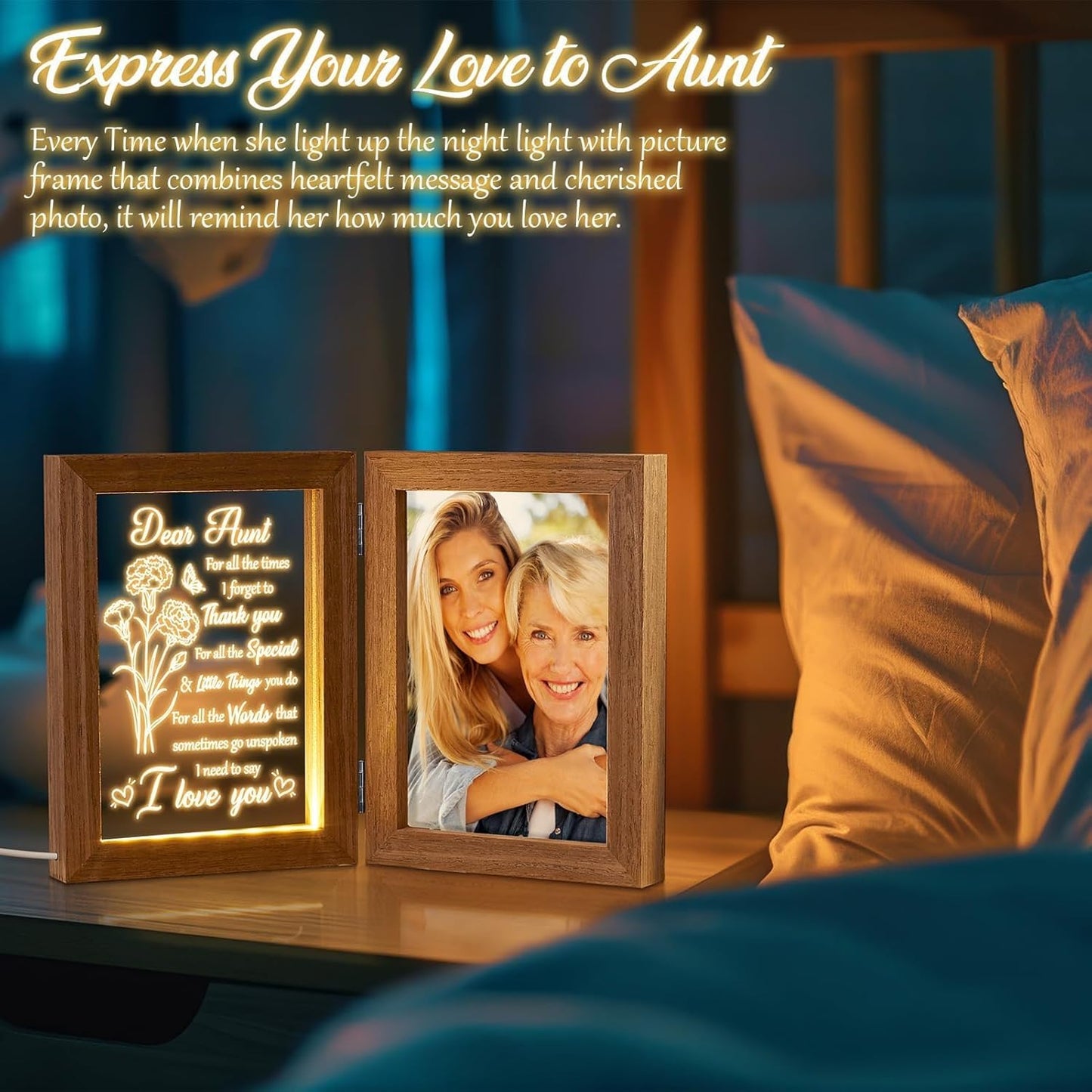 Aunt Gifts from Niece Nephew Aunt Christmas Gifts Auntie Gift, Engraved Night Light with Aunts Picture Frame Solid Wood, Best Auntie Ever Aunts Birthday Gift for Women - 5x7 Photos Table Display