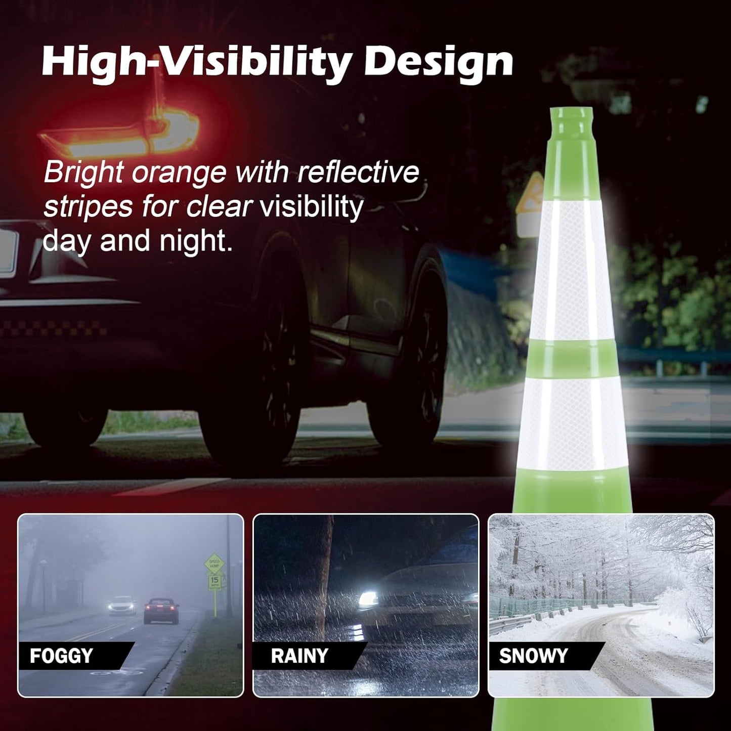 6 Pack 36 Inch Green PVC Traffic Cones with Black Base, Stable Large Size Safety Cones for Highway, Construction, and Outdoor Use (6, Green, 36 Inch)