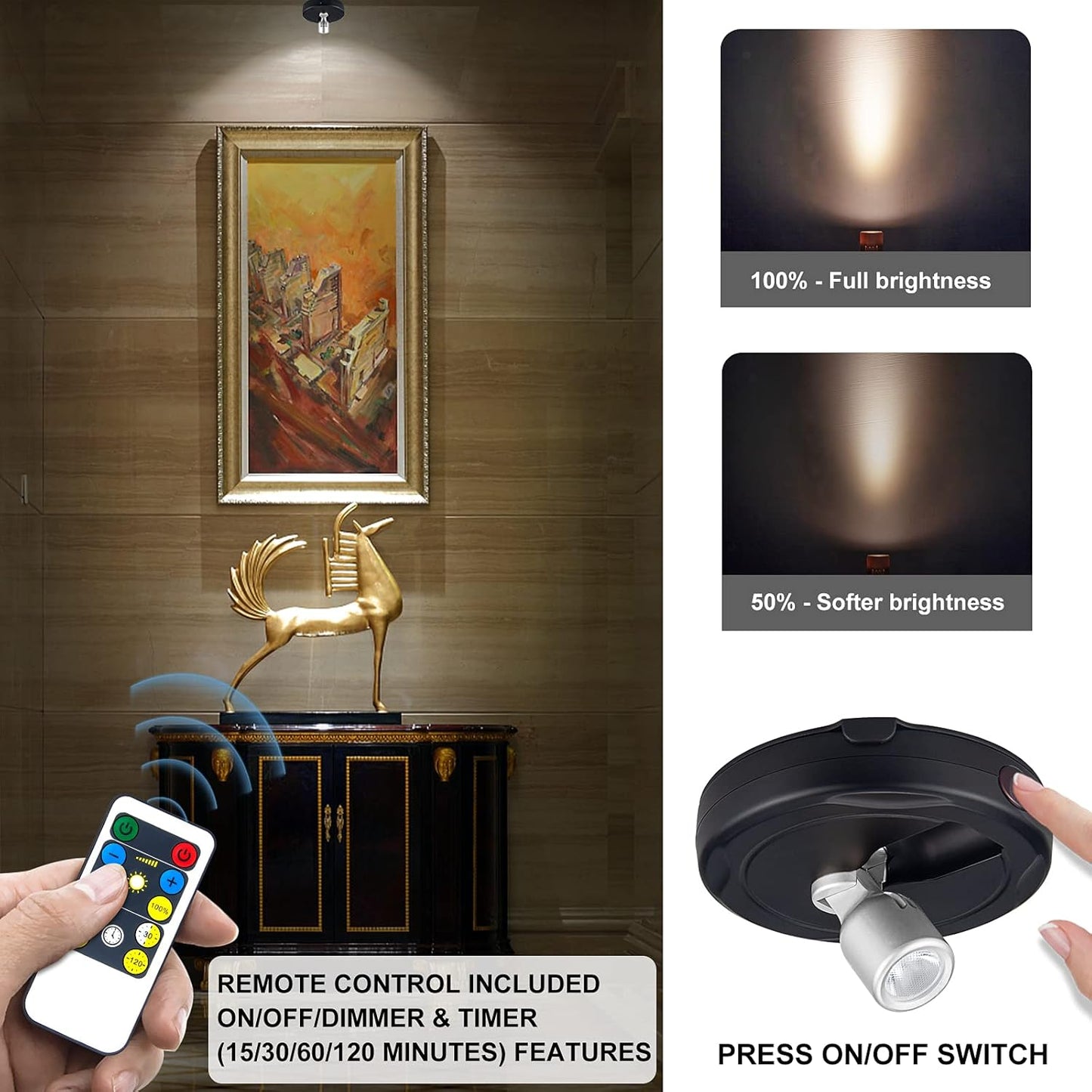 LED Spotlight, Battery Powered Picture Lights, Uplighting Indoor, Puck Lights with Remote, Stick Spot Light for Wall Display Dartboard Painting Artwork Accent-Silver