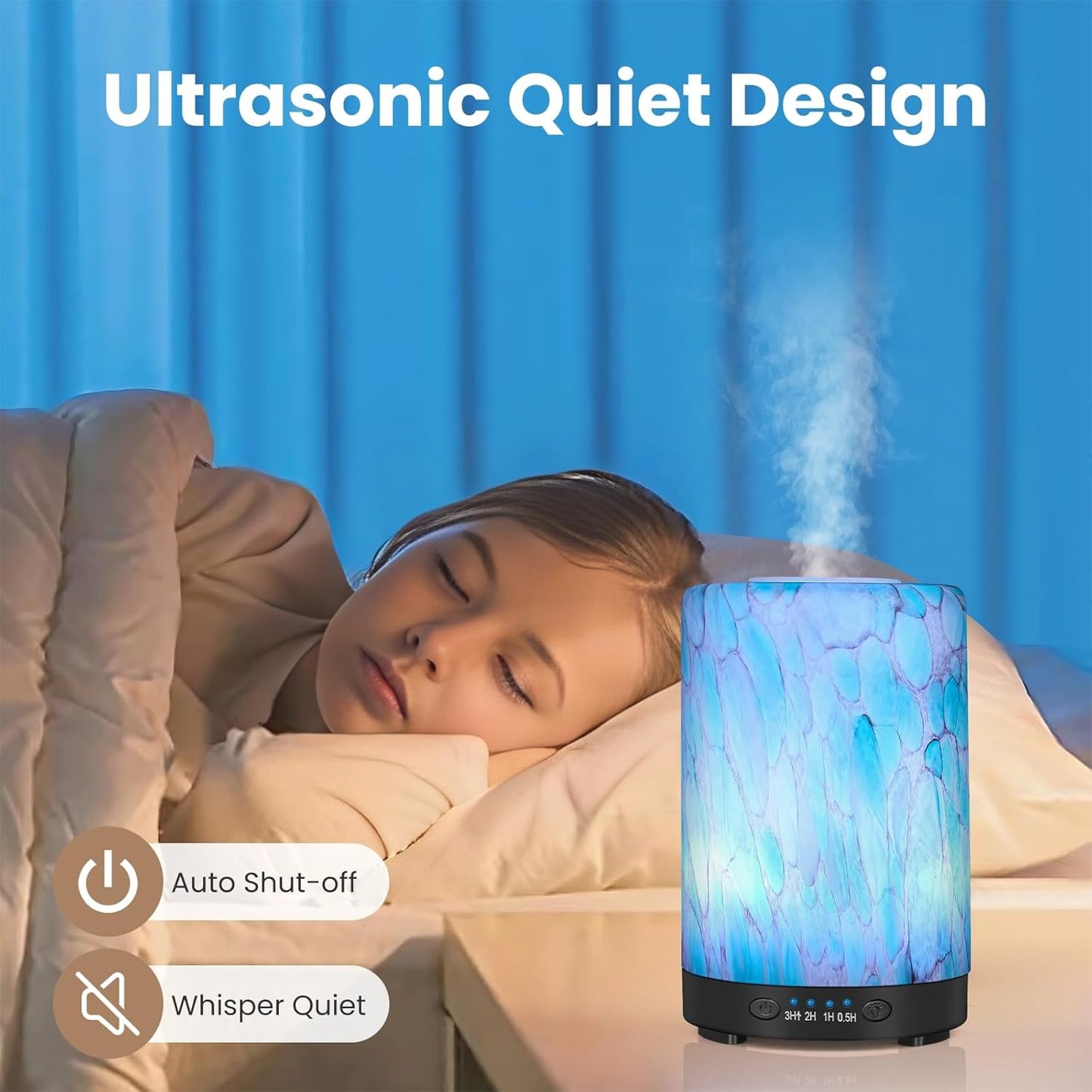 Essential Oil Diffuser, 120 ml Glass Aromatherapy Diffuser with 7 Color Lights, Auto Shut-Off and 4 Timer Settings, Ultrasonic Cool Mist Diffuser for Home Room Office (Blue Mountain)