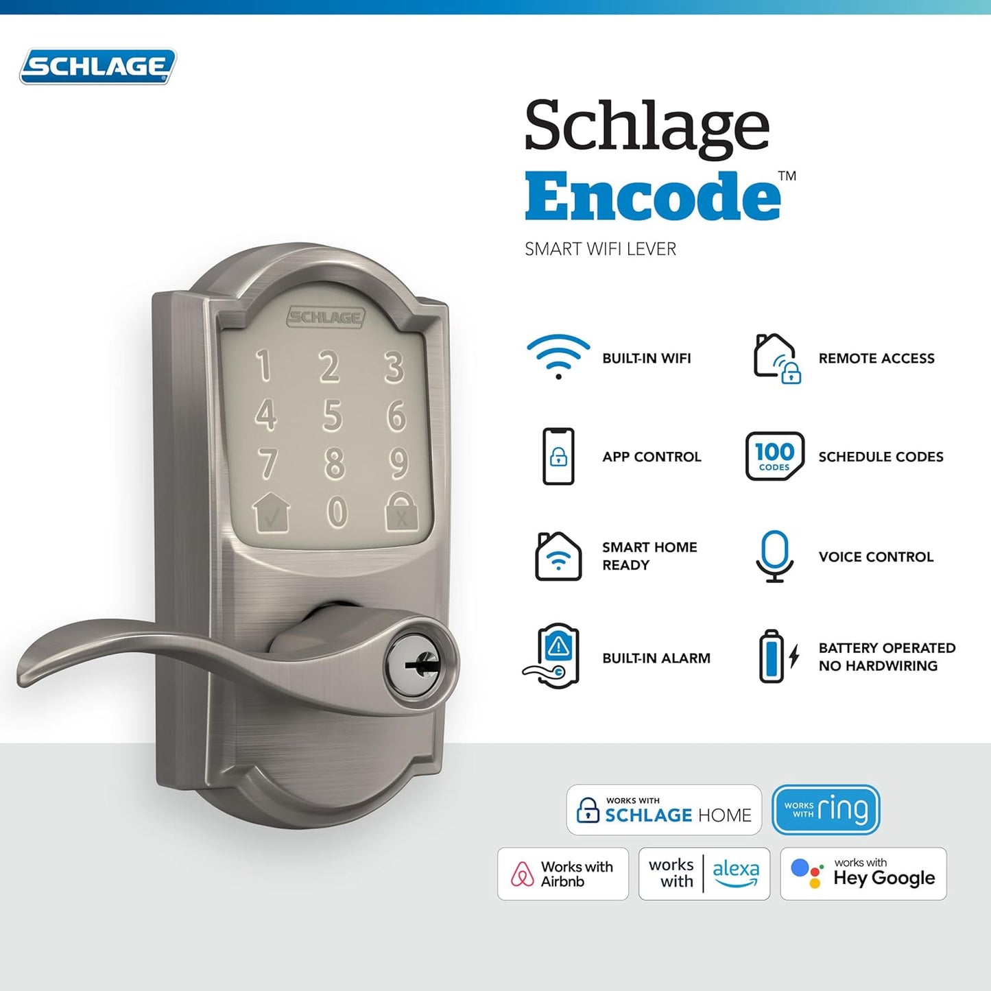 Schlage FE789WB CAM 619 Acc Encode WiFi Accent Lever Smart Lock, Keyless Entry Touchscreen Door Lock with Camelot Trim, Satin Nickel