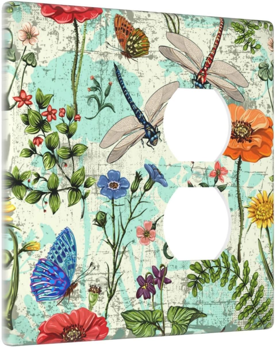 Dragonflies Flowers Butterfly 2 Gang 1 Outlet 1 Blank Outlet Light Switch Cover Decorative Wall Plate Cover For Home Living Bedroom Kitchen Decorative