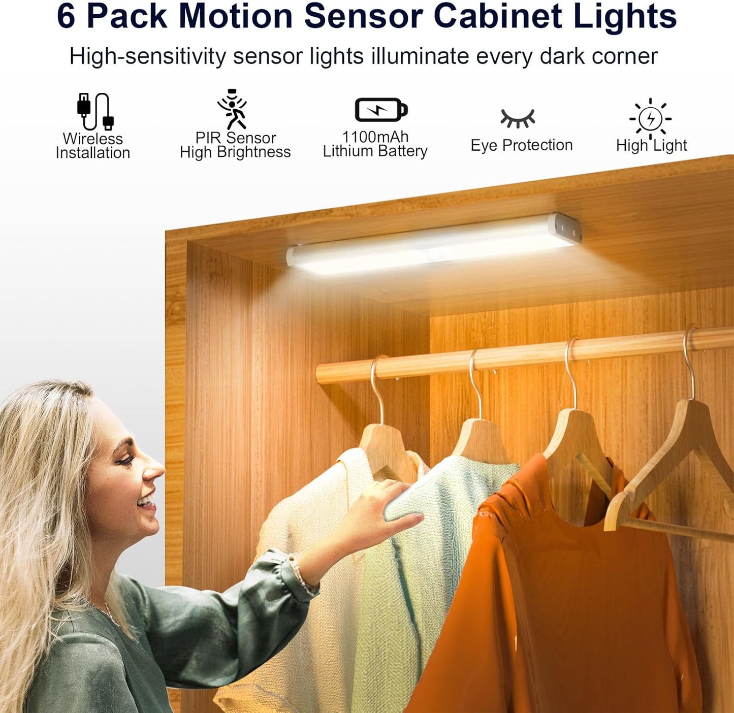 Diomart Under Cabinet Lights, Rechargeable Motion Sensor Light Indoor Night Lights, 58 LED Wireless Under Counter Lighting with Remote Control for Kitchen, Wardrobe, Hallway, Stairs (6 Pcs)