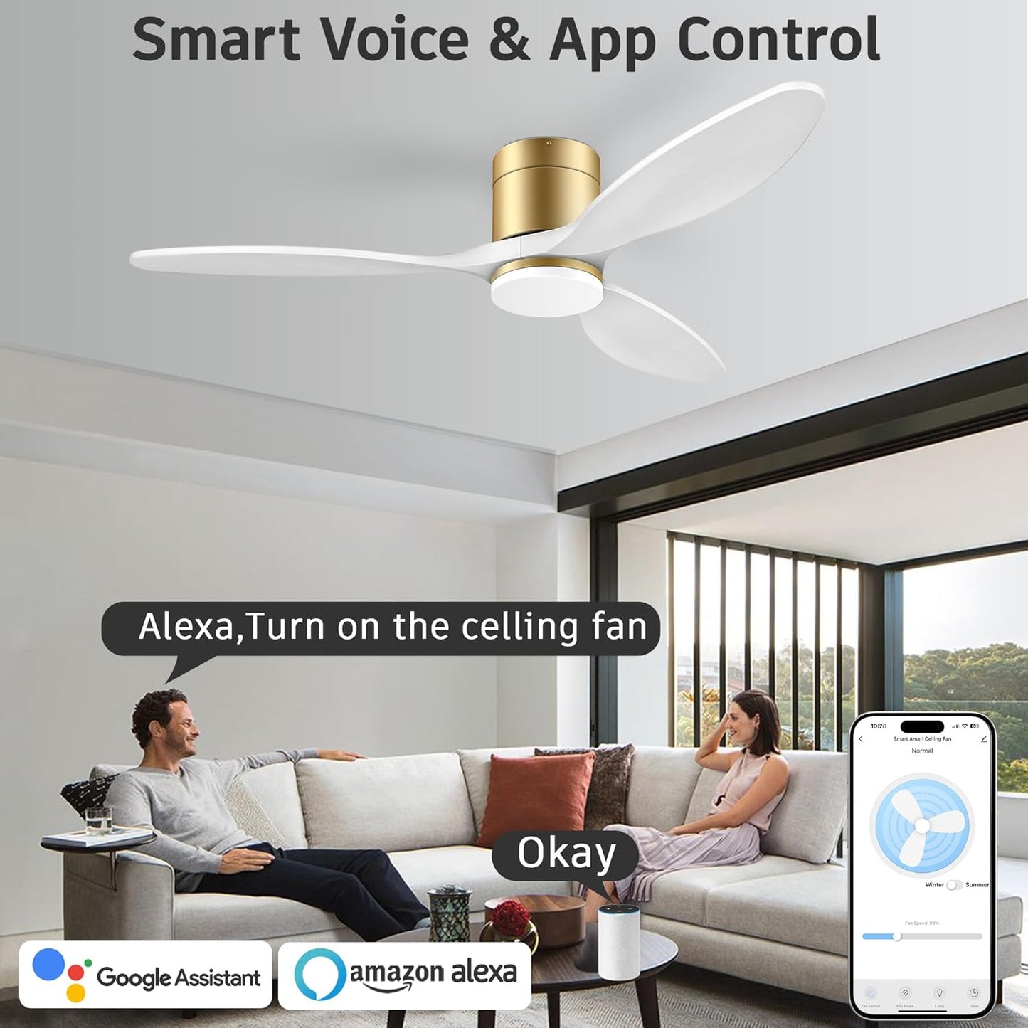 cumilo 52" Smart Ceiling Fans with Remote,Quiet DC Motor,Dimmable,Low Profile Outdoor Indoor Ceiling Fan,Compatible with Alexa Google Voice App,for Modern Flush Mount Bedroom Patio,Gold and White