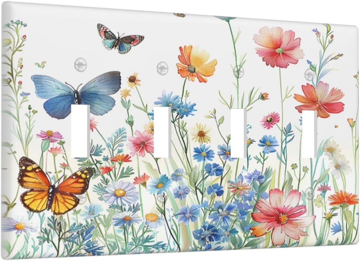 Decorative Light Switch Cover Plate Rustic Wildflower Blue Pink Floral Butterfly 4 Gang Wall Plates for Electrical Outlets Quad Toggle Switch Plate Covers Outlet Covers for Bedroom Decor