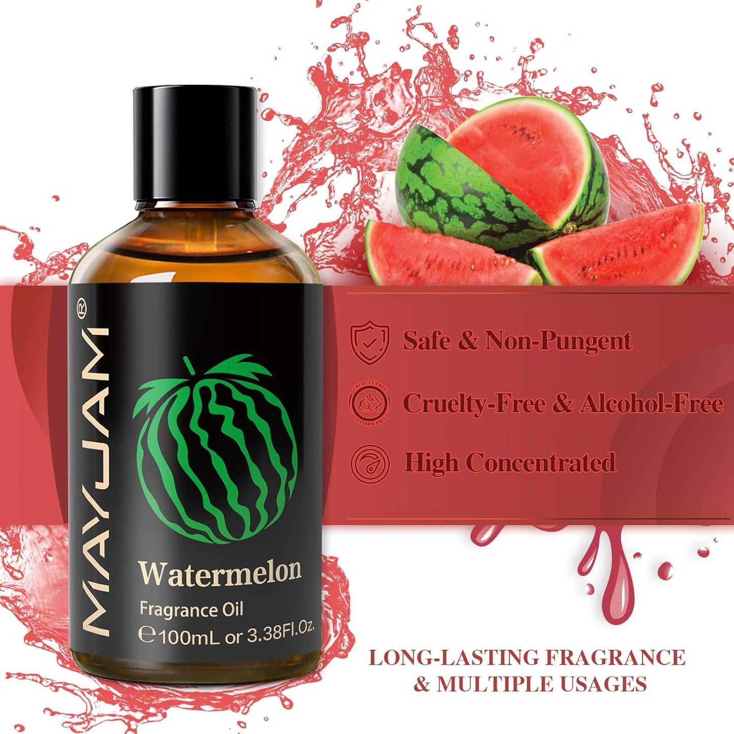 MAYJAM 100ML/3.38FL.OZ Watermelon Fragrance Oils with Glass Dropper, Essential Oils for Diffusers for Home, Long Lasting Scented Oils for Diffusers Soap Candle Making
