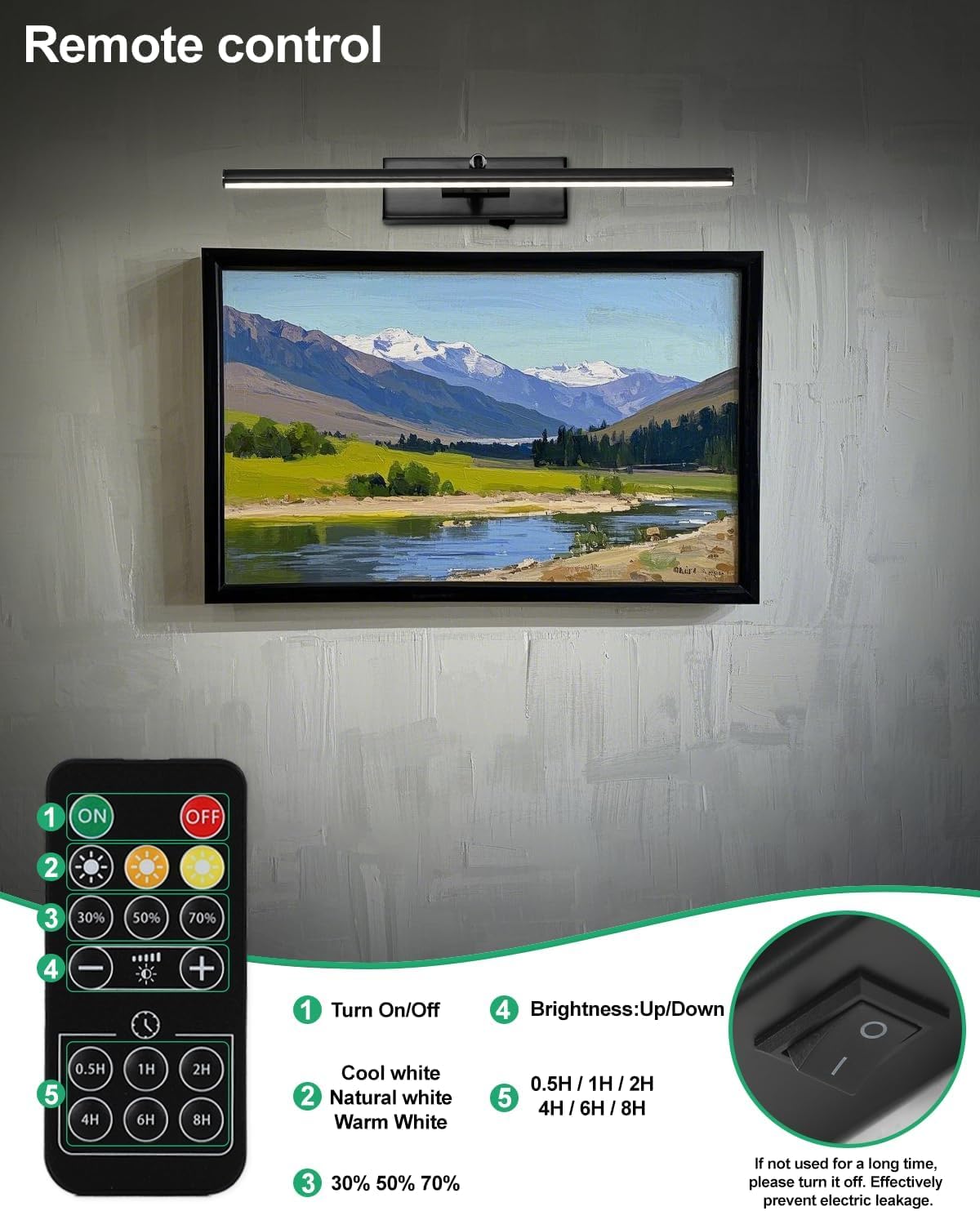 Battery Operated Picture Light with Wireless Remote 3CCT Dimmable Black Wall Art Lights for Paintings 3 Colors Rechargeable home decor Gallery Light 16’‘ Artwork Lighting for Canvas Timer Function