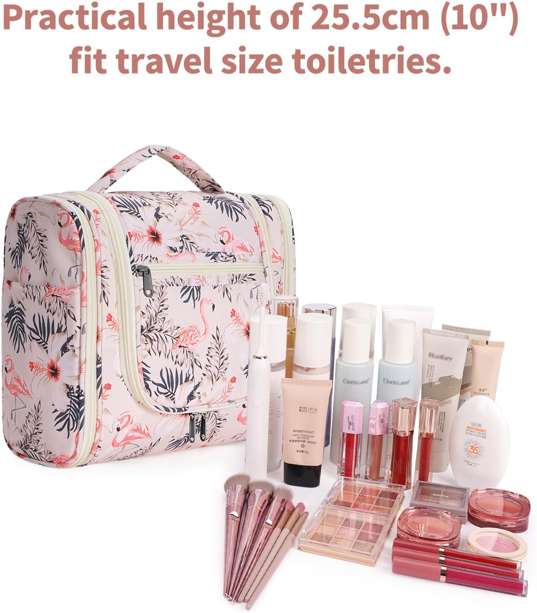 Narwey Hanging Toiletry Bag for Women Travel Makeup Bag Organizer Toiletries Bag for Cosmetics Essentials Accessories (Large, Beige Bird)