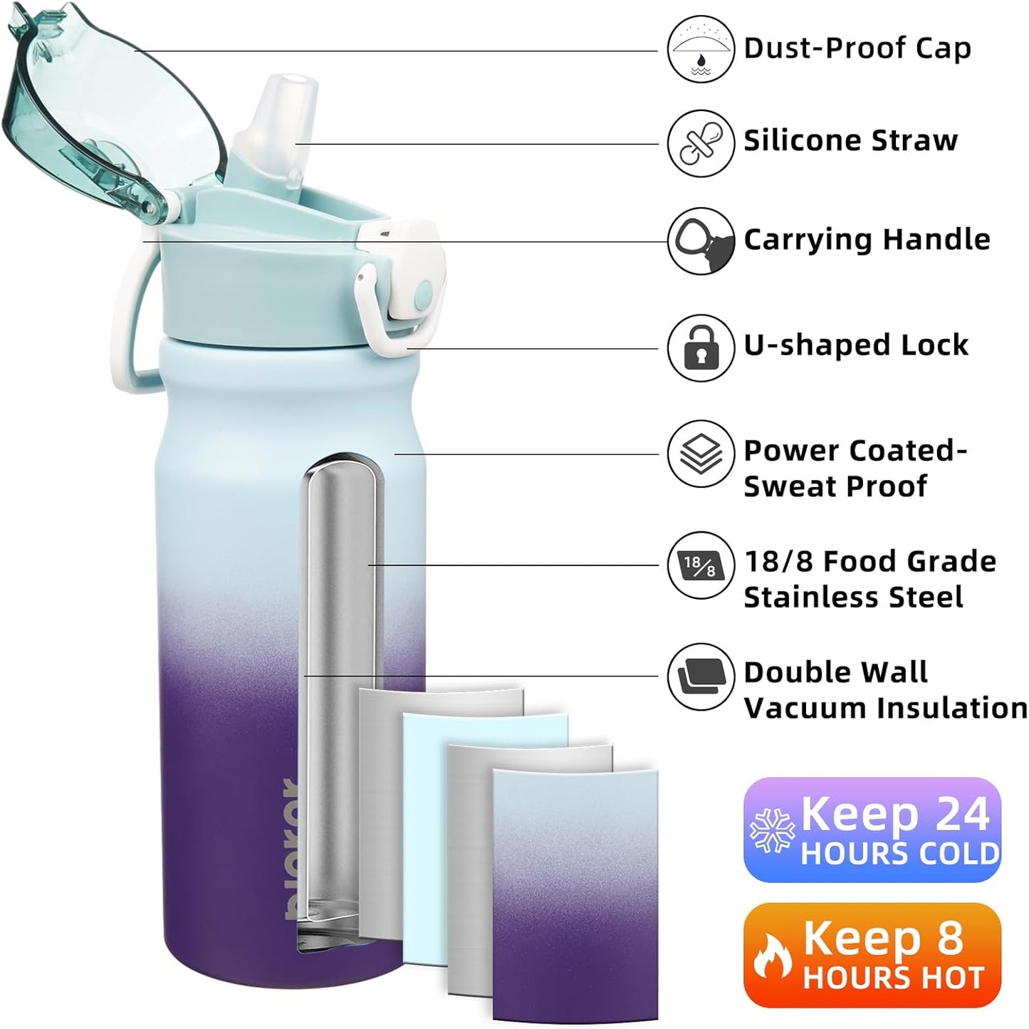 BJPKPK 18oz Insulated Water Bottle with Straw Stainless Steel Double Wall Water Bottles BPA Free Leak Proof Thermal Flask with Lockable Flip Lid and Soft Silicone Spout,Ocean Dream