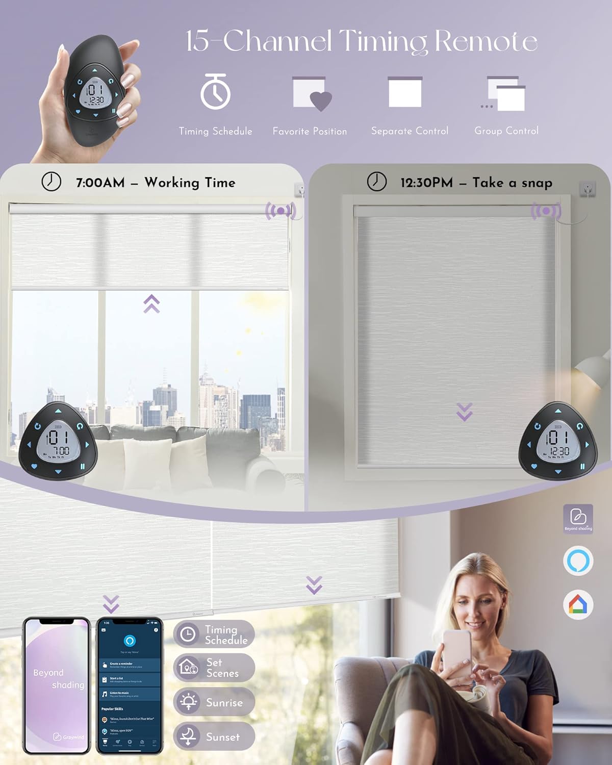 Graywind Motorized Light Filtering Shades Compatible with Alexa Google Hardwired WiFi Smart Half Shading Remote Control Automated Blinds Electric Window Shades, Custom Size (Jacquard White)
