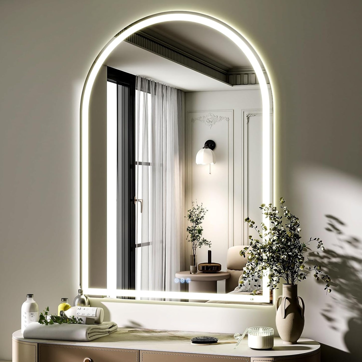 BEAUTYPEAK 40x30 LED Arch Bathroom Mirror with Lights, Anti-Fog, Dimmable, Backlit + Front Lit, Lighted Bathroom Vanity Mirror for Wall, 3 Colors, Memory Function, Tempered Glass, Shatter-Proof
