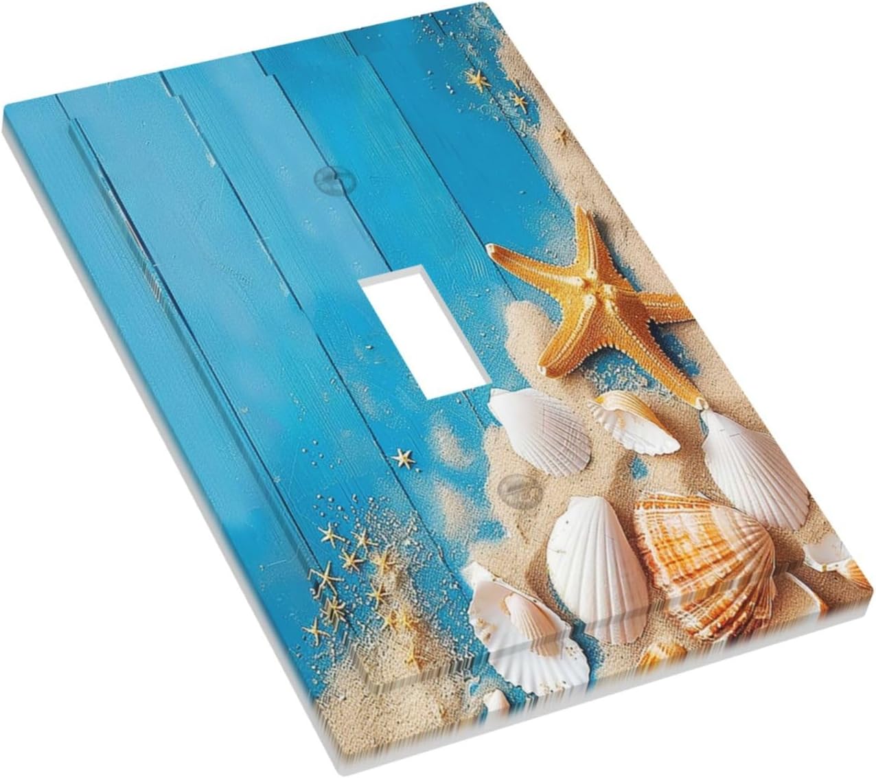 Decorative Light Switch Cover Blue Wood Grain Beach Shell Starfish 1 Gang Single Toggle Device Electrical Faceplate Switchplates Decorator Outlet Wall Plate for Bathroom Farmhouse Decor