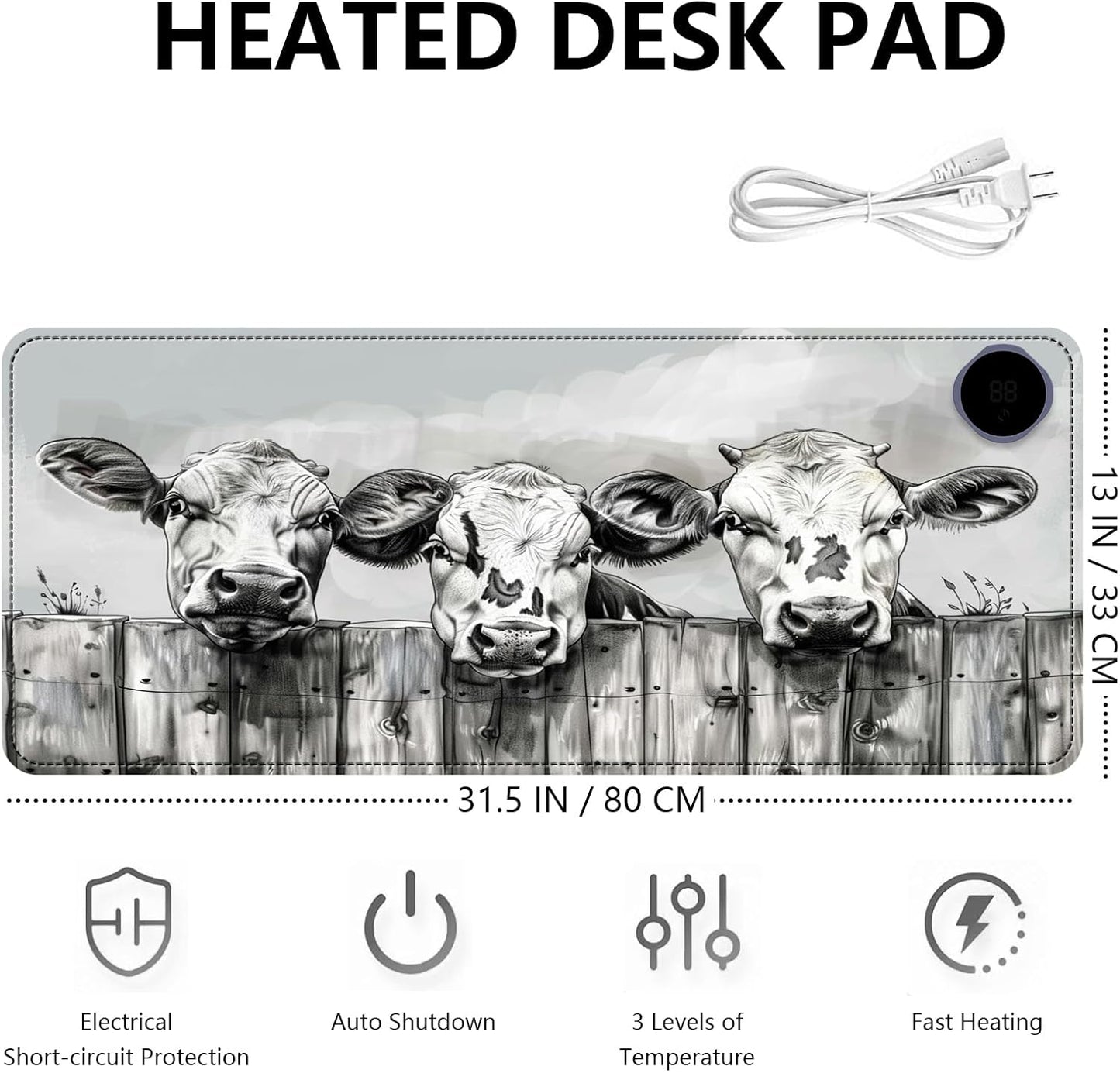 Heated Mouse Pad with 3 Levels Heated & 3 Hours Auto Shut-Off Mouse Pad for Warming Hands in Office Home, 31.5" x 13"Large Safe Desk Mat Hand Warmer，Three Lovely Cows