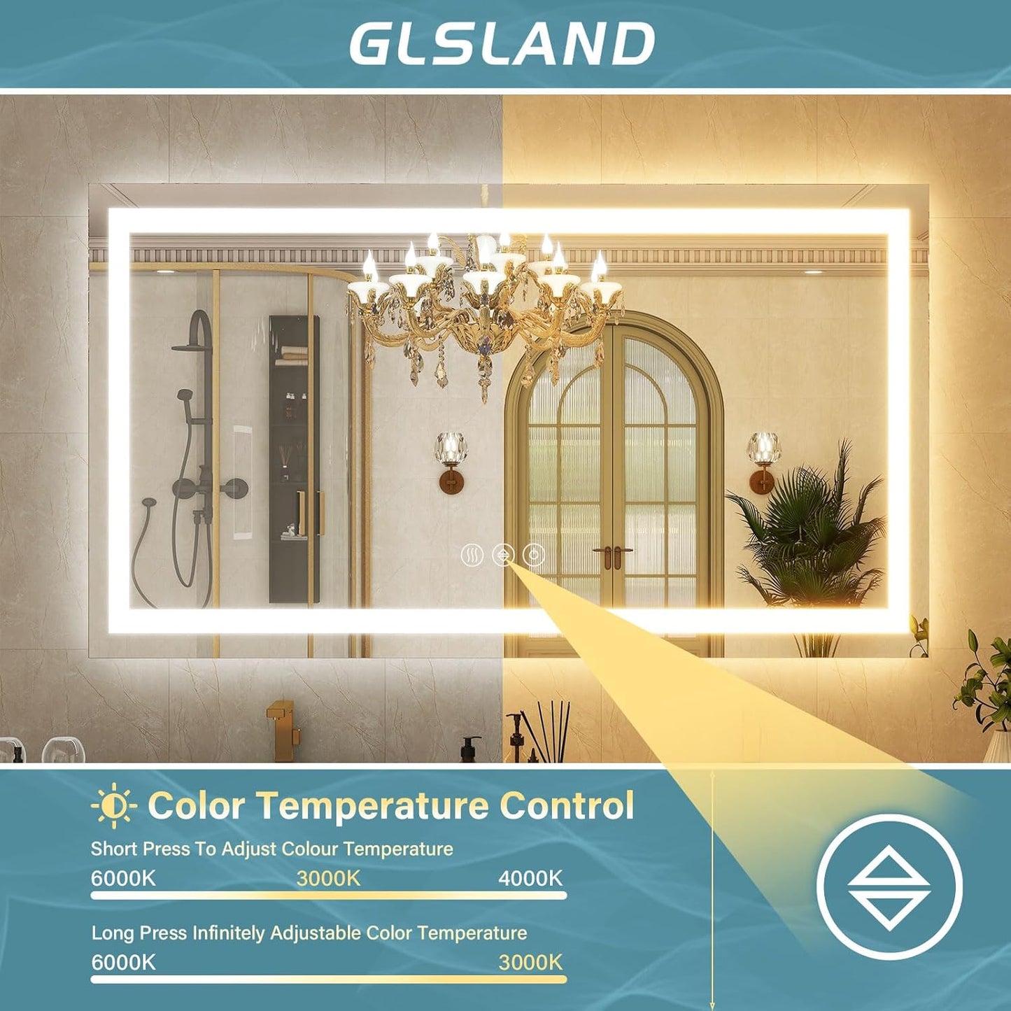 GLSLAND LED Bathroom Mirror - 48"x32" Anti-Fog Lighted Wall Mirrors with Memory Function, Dimmable, Frontlit & Backlit, Horizontally/Vertically, Tempered Glass