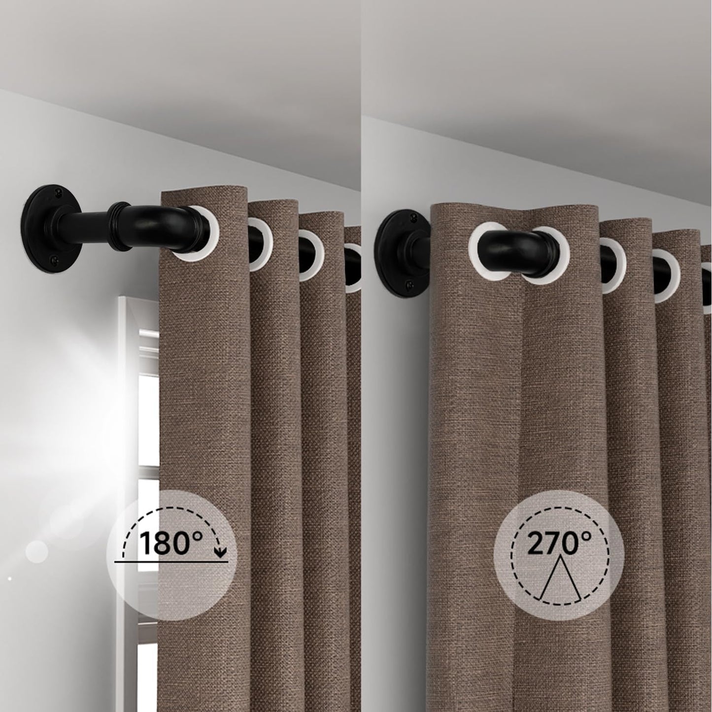 Black Curtain Rods 18 to 45 Inch, Industrial Curtain Rods,Adjustable Length,1 in Diameter Pipe,Wall or Ceiling Mounted,for Bedroom and Living Room(Black 18” to 45”)