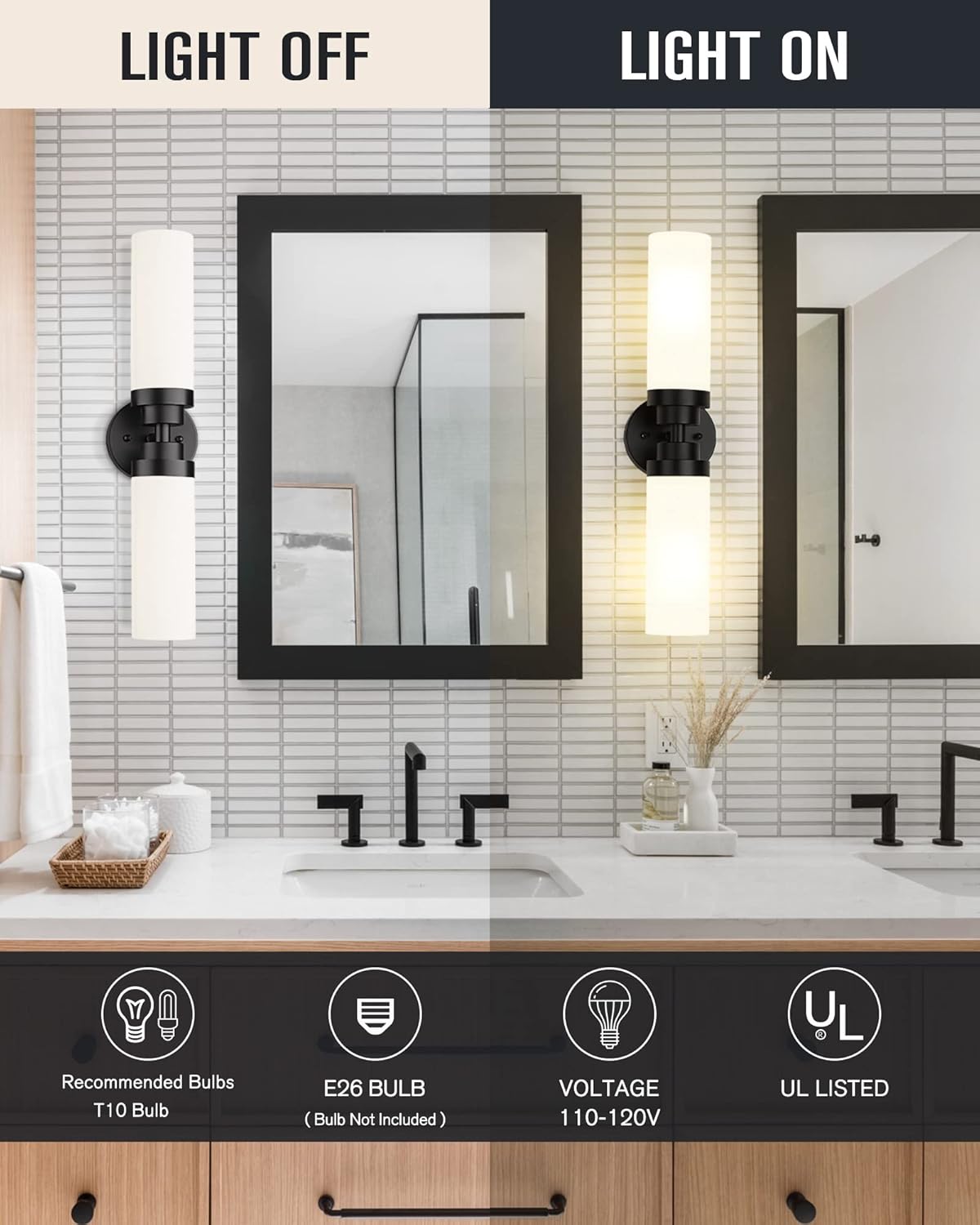 Emak 2 Light Black Vanity Lights for Bathroom, 22 Inch Bathroom Light Fixtures Modern Wall Sconces with Milk Glass Shade for Bathroom, Bedroom, Hallway, VL085-BK-ML-2