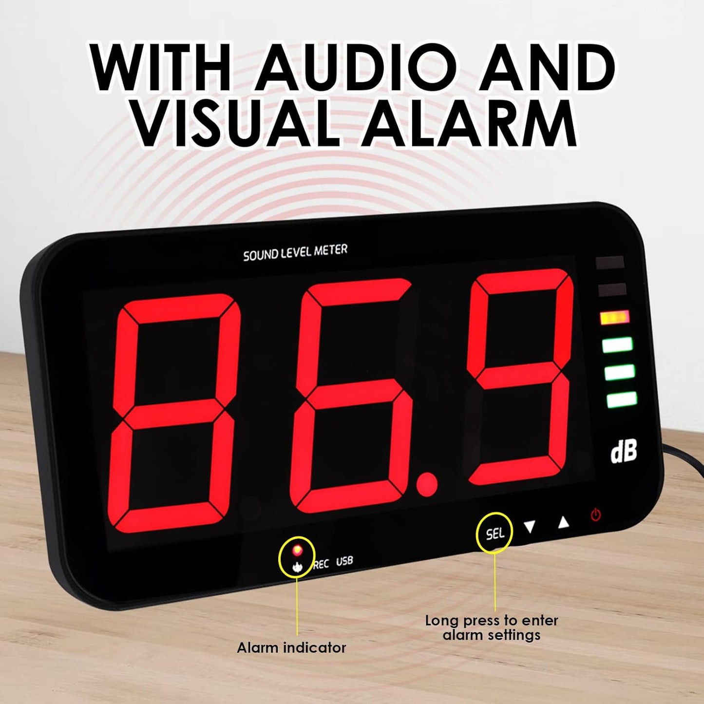 Decibel Meter Sound Level Meter with Data Logging, 13" Large LCD Display Wall Mounted Noise Meter for Classroom w/ 16.4ft Corded Sensor & Alarm Output for Studio Decibel Noise Measuring and Recording