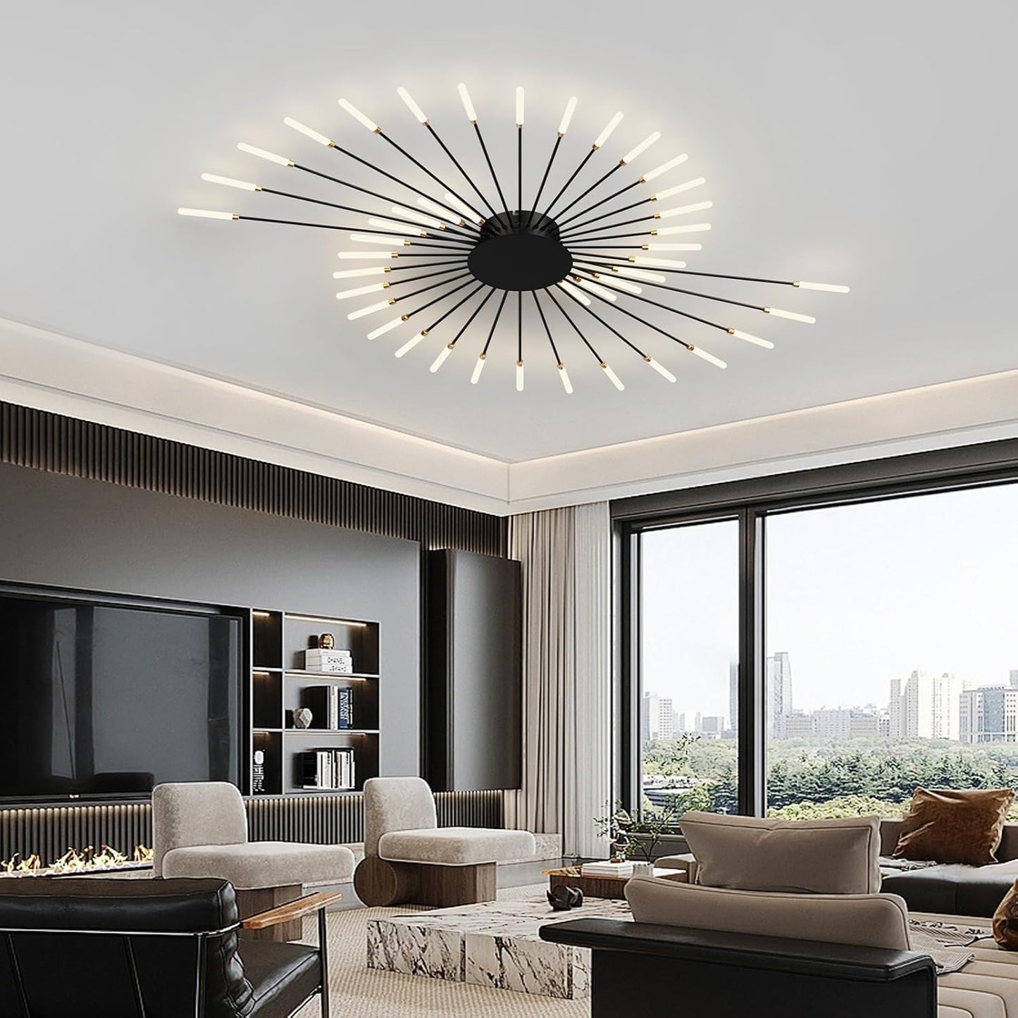 Modern Ceiling Light Flower Shape, Metal Firework Ceiling Lamp with Plug-in LED Source, Lighting Fixture for Living Room Dining Room Bedroom, Natural Light