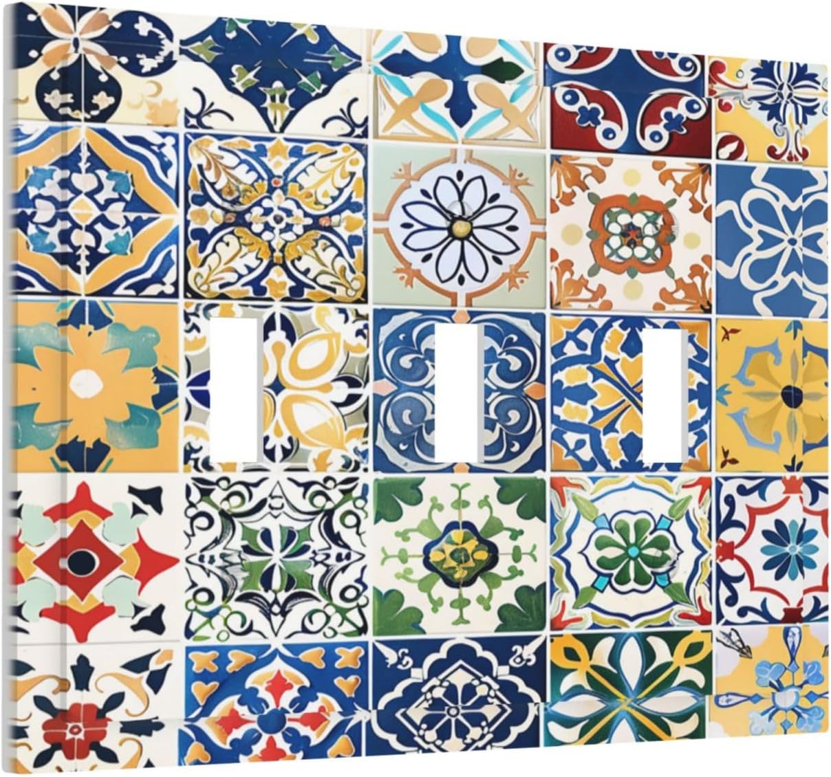 Decorative Switch Plates Moroccan Traditional Mexican Talavera Til 3 Gang Wall Plate Triple Toggle Light Switch Cover Faceplate Electrical Wall Panels for Kitchen Home Decor