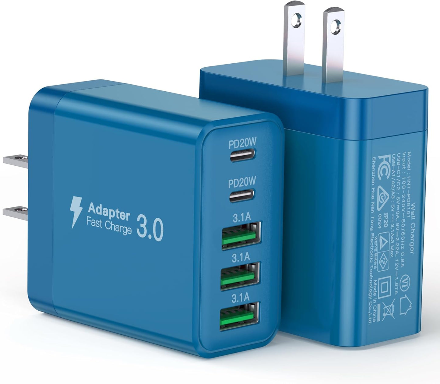 [2-Pack] USB C Wall Charger, 60W Fast USB C Charger Block, 5-Port PD Power Adapter + QC Wall Plug Multiport Type C Charging Block Cube Compatible with iPhone 17 16 15 14 13 12 Pro Max XR XS, Blue