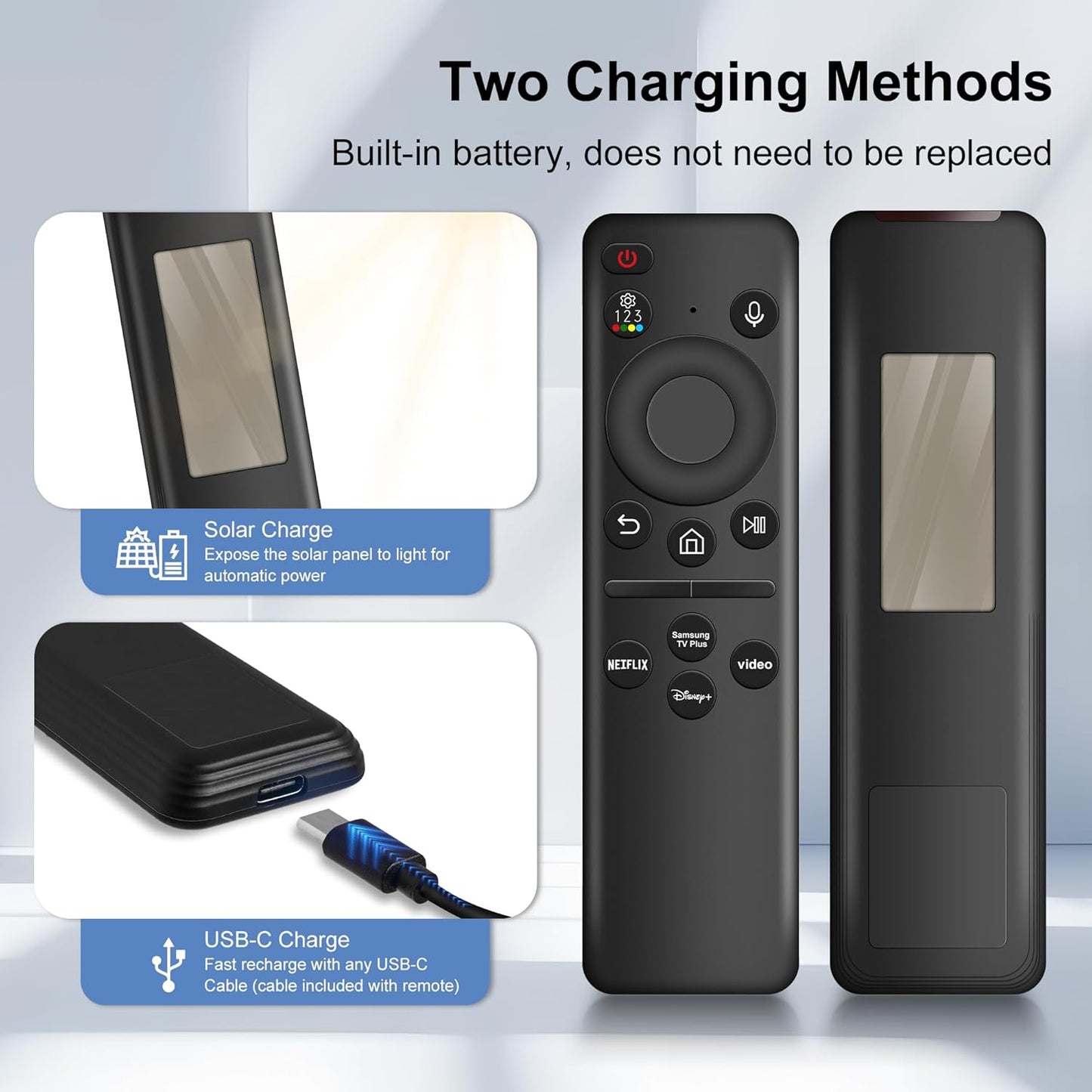 Rechargeable Voice Remote for Samsung Smart TVs, Replacement for 2021–2025 Samsung TV Remote Control with Solar Charging and Voice Search, Compatible with BN59-01432A