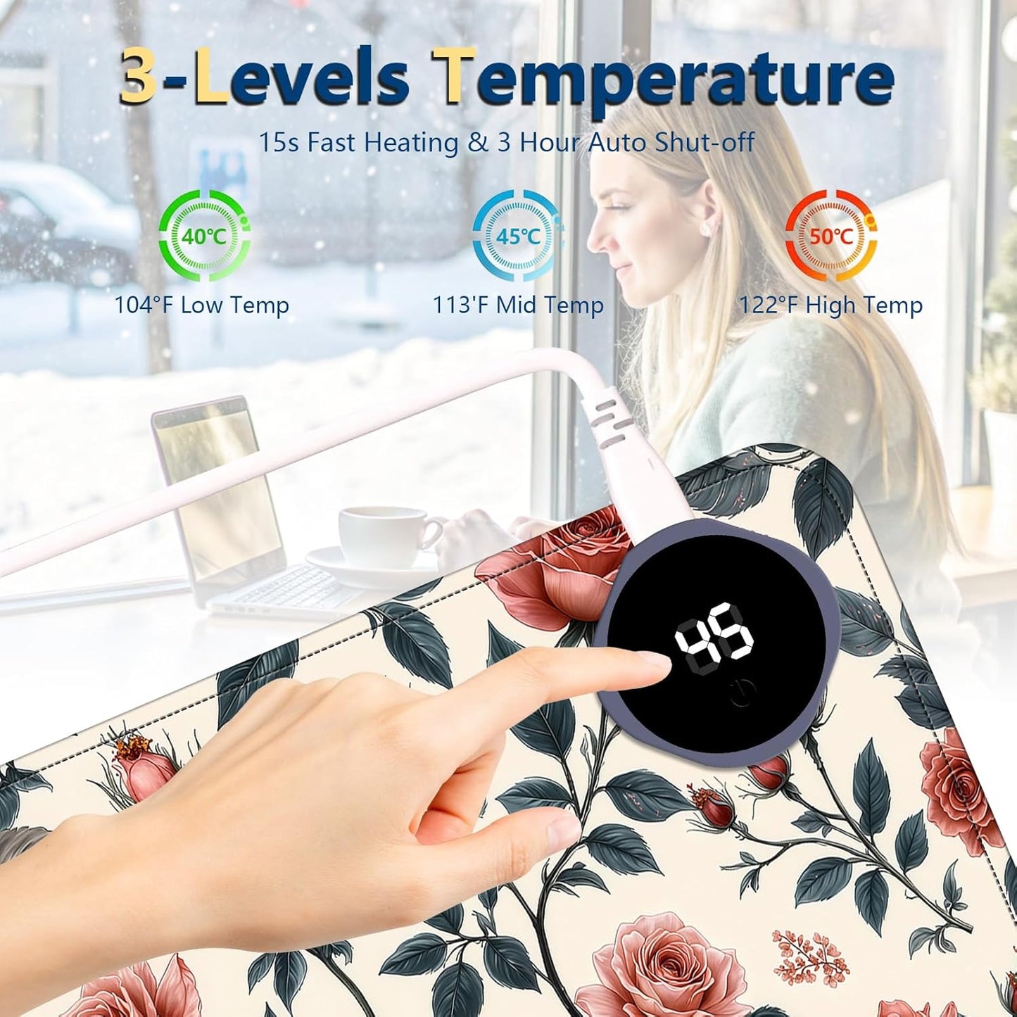 Heated Mouse Pad with 3 Temperature Settings(104°F–122°F),Large 24x14.2 Inch PU Leather Heated Desk Mat,Waterproof Warming Pad for Office,Gaming & Cold Hands Relief,Retro Flowers