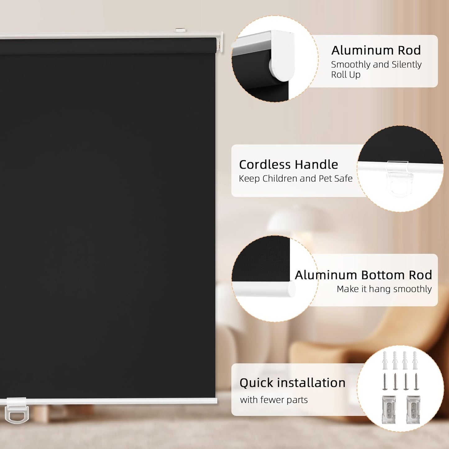 ChrisDowa Cordless Blackout Roller Shades for Windows, Thermal Insulated UV Protection Pull Down Shades, Total Blackout Window Blinds for Home, Office, Bedroom, Door (58" W x 72" H, Black)