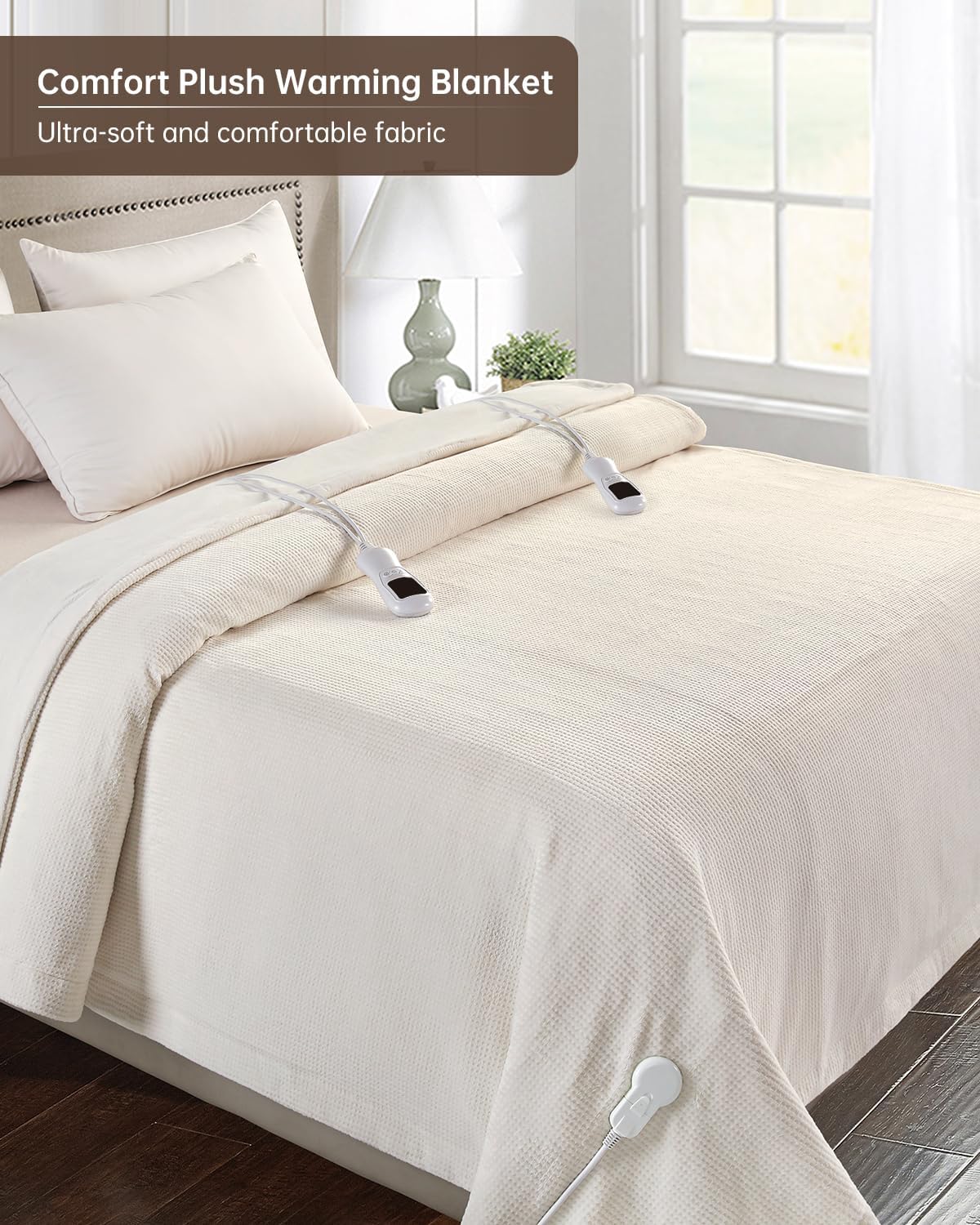 Electric Heated Blanket Queen Size, Washable Blanket Warmer with Dual Control for Home for Adults, Super Cozy Soft Fabric, 84" x 90", 9 Heat Levels, 1-9H Auto-Off, ETL Certified, Cream