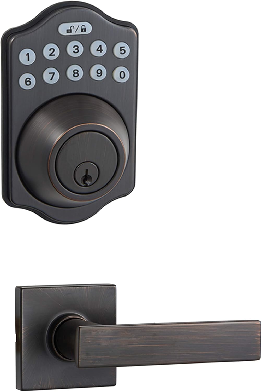 Amazon Basics Traditional Electronic Keypad,Keyless Entry Door Lock Deadbolt with Handle Set, Key Pad Front Door with Knob, Traditional Door Locks for Front Door Handle, Oil Rubbed Bronze, 1-Pack
