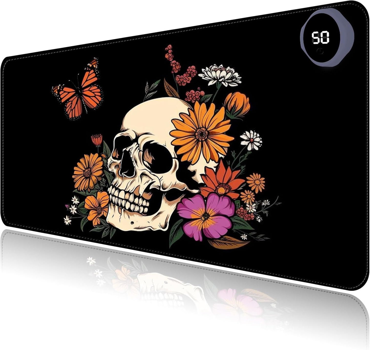 Heated Mouse Pad with 3 Levels Heated & 3 Hours Auto Shut-Off Mouse Pad for Warming Hands in Office Home, 31.5" x 13"Large Safe Desk Mat Hand Warmer，Art Skull