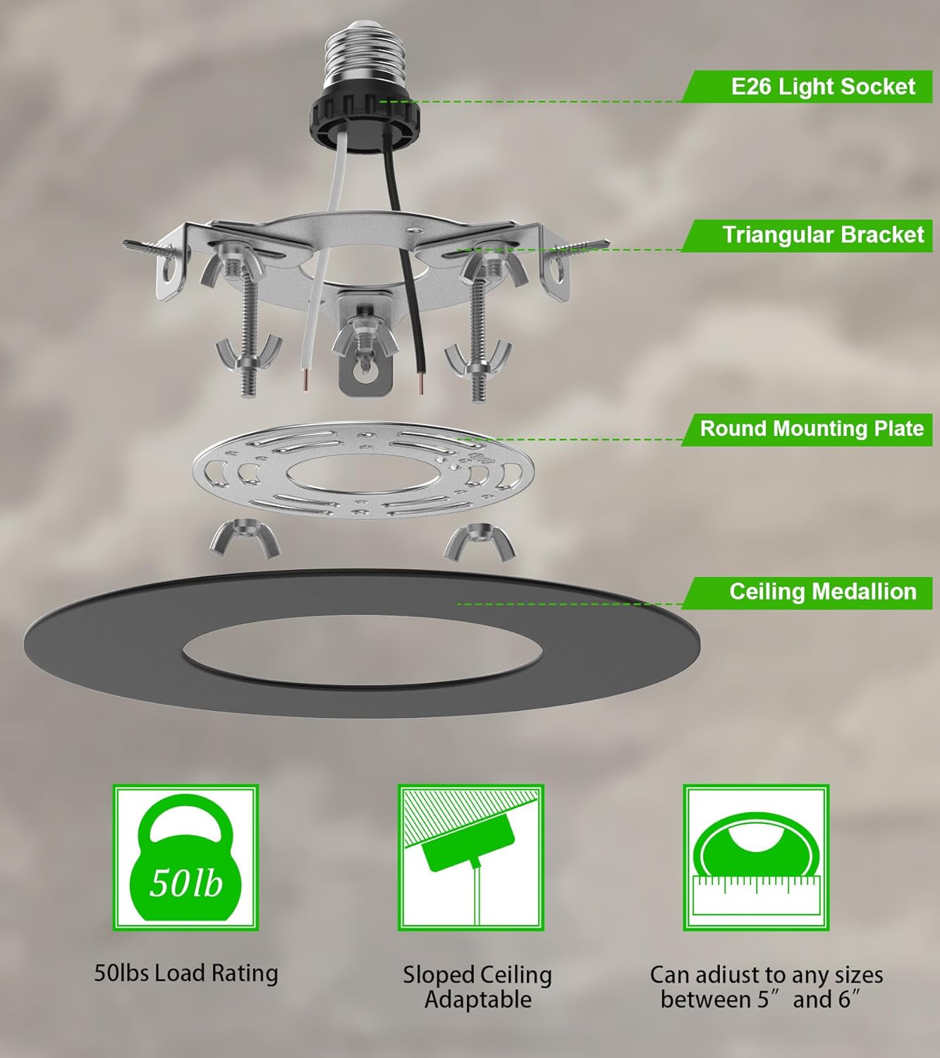 Recessed Can Light Conversion Kit for 5" and 6" Ceiling Fixtures - Pendant/Hanging Light Upgrade, Compatible with Ceiling Fans, Includes 7¾" Flat Steel Medallion, Black Finish