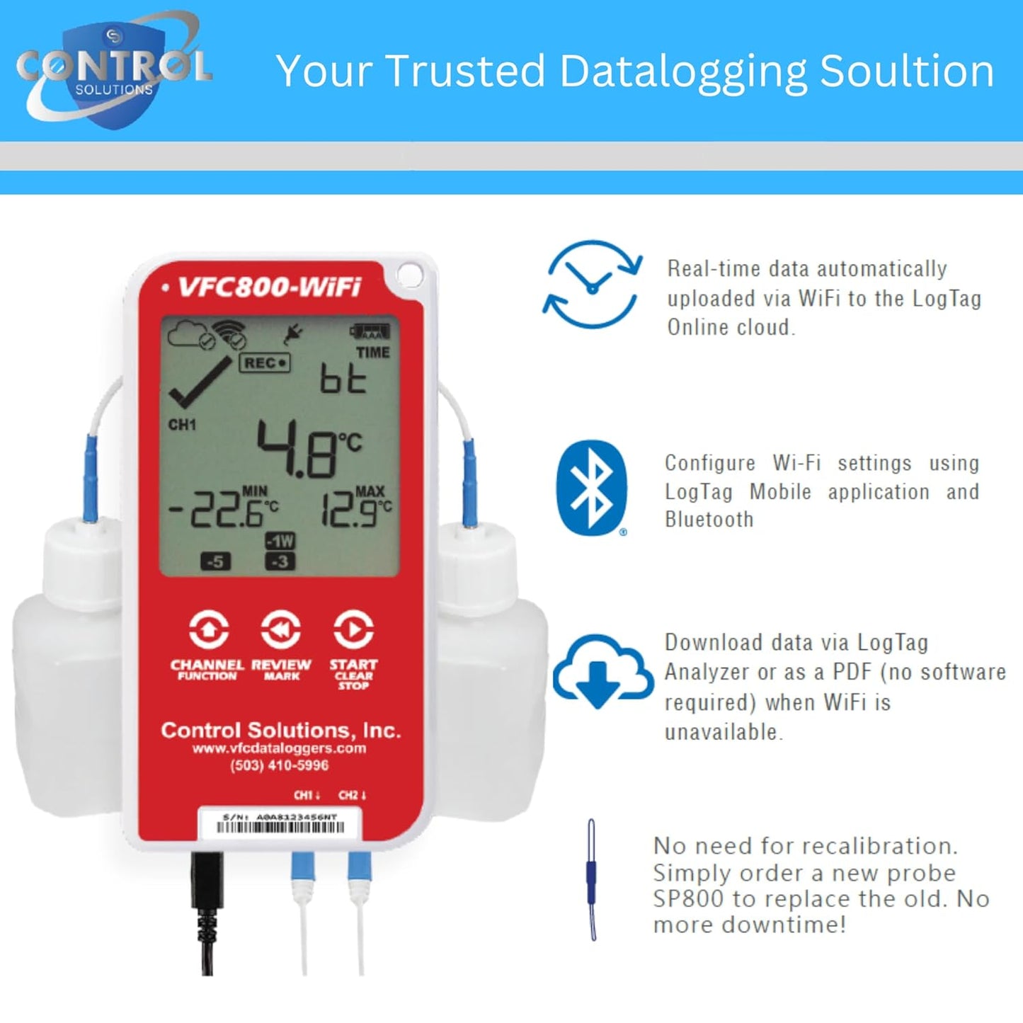 Control Solutions VFC800 Temperature Data Logger (VFC800-WiFi 10Ft Dual Probe)