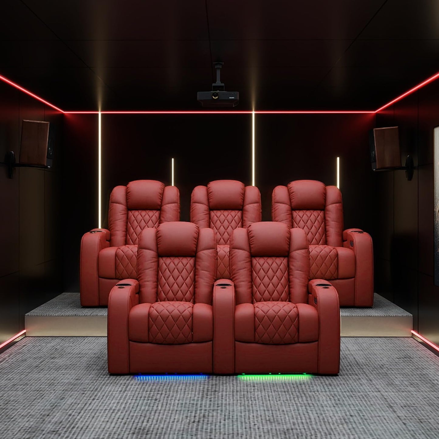 Weilianda Home Theater Seating Top Grain Leather Zero Gravity Recliner Chair Power Headrest Recline Movie Seat Gaming 7 Colors Mood Light Sofa with Tray Table USB Charge Row of 4 Loveseat Right Red