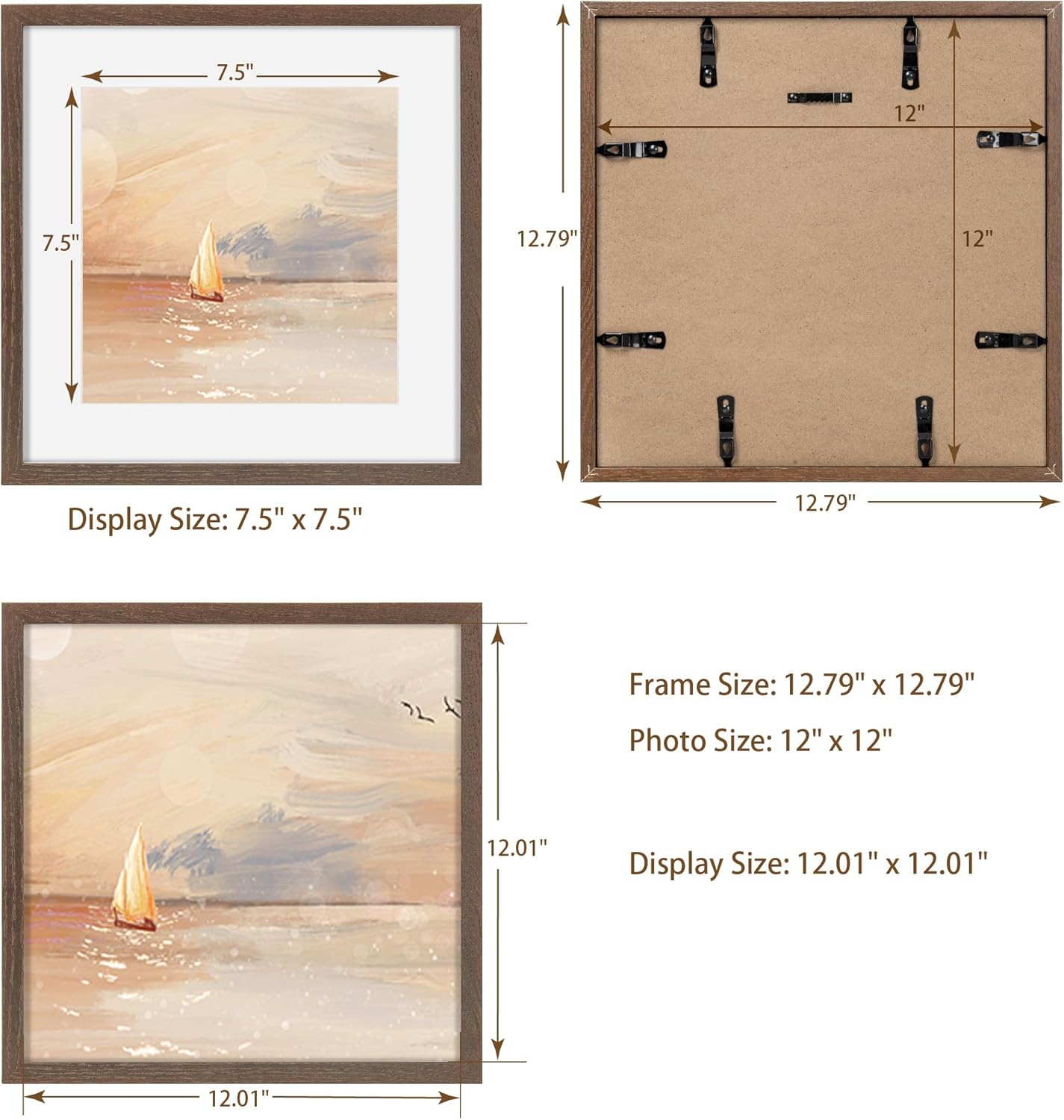 Fun Memories 12x12 Picture Frame Set of 3, Rustic Walnut Oak Wood Frame 12 x 12 with Tempered Glass, Wall Collage Frame 12 by 12