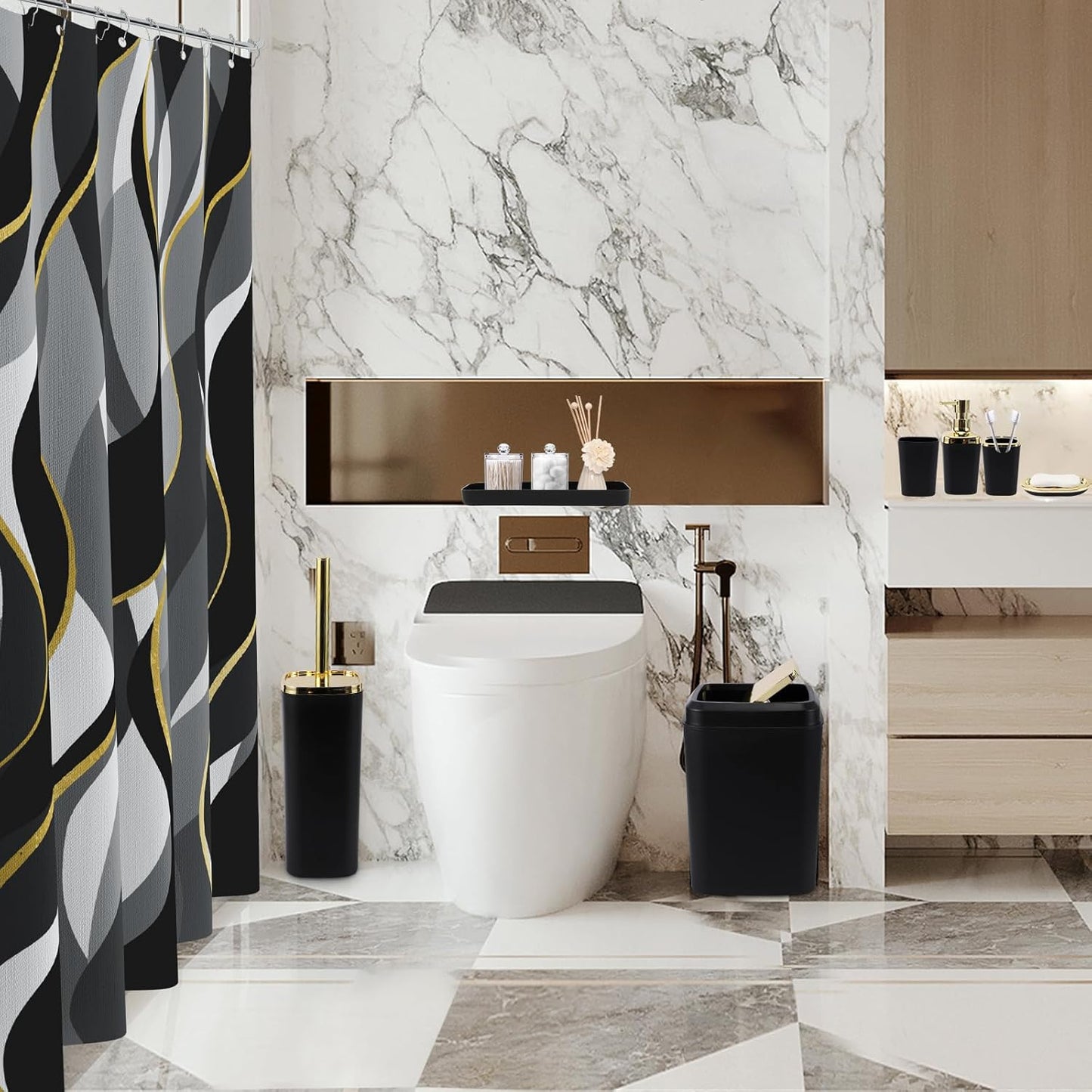 Black Bathroom Set, Bathroom Sets with Stripe Shower Curtain, Black and Gold Bathroom Accessories with Trash Can, Soap Dispenser, Soap Dish, Toilet Brush Holder, Qtip Holders for Bathroom
